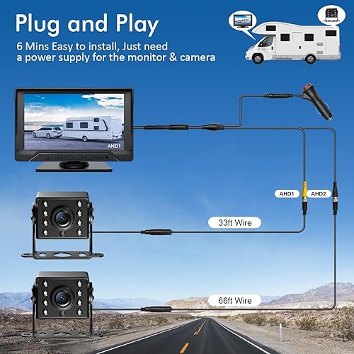 Miniatura 3 de Cámara de respaldo dual RV Plug and Play, cámara de respaldo de 7 pulgadas para remolque de camión, sin demora, 1080P HD, 2 canales, gran angular de