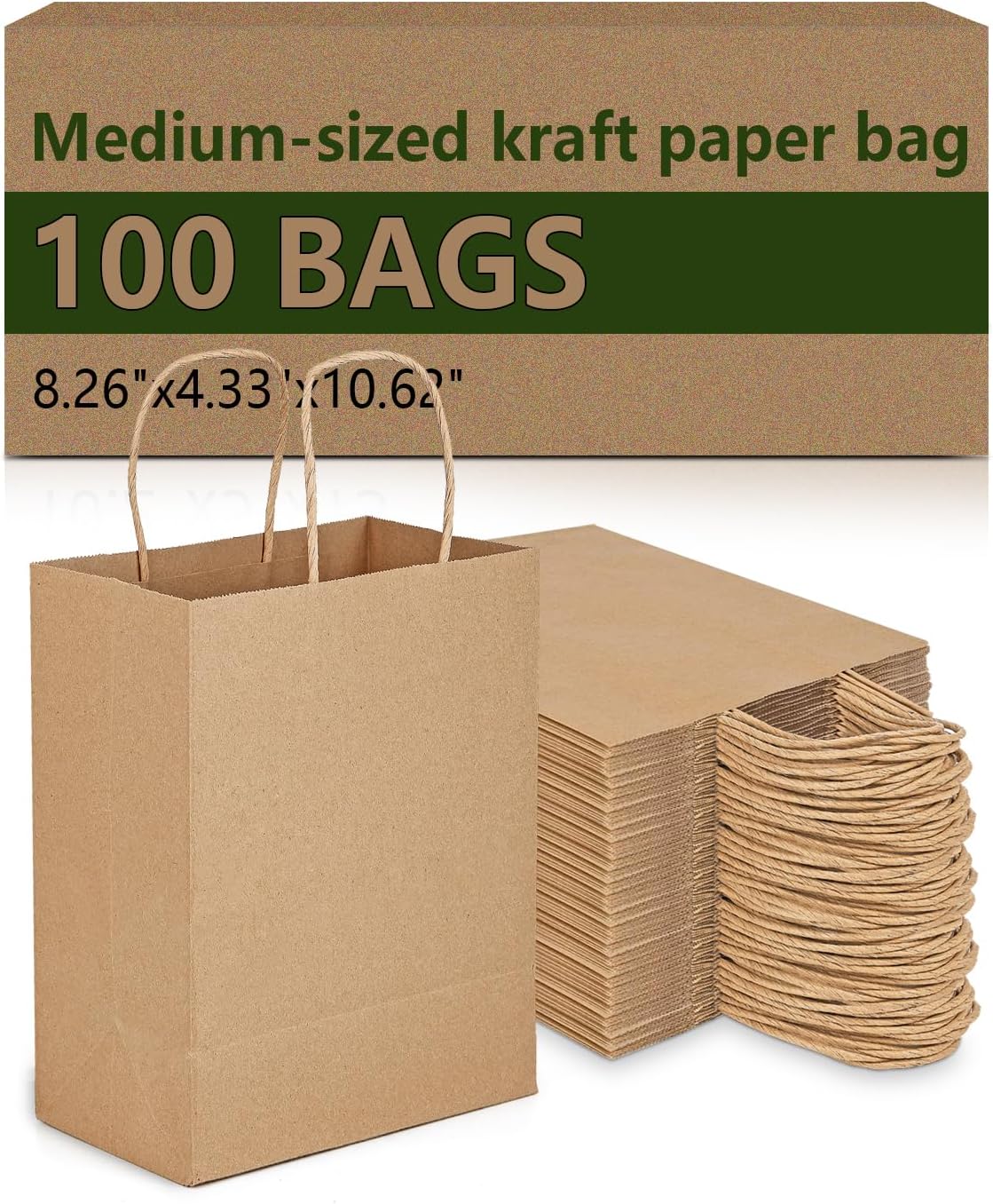 Amazingcraft Gift Bags 8x4.25x10.5 100Pcs Brown Paper Bags with Handles Bulk for Wedding, Party Favor, Grocery, Shopping, Retail, Merchandise Medium Kraft Paper Sacks