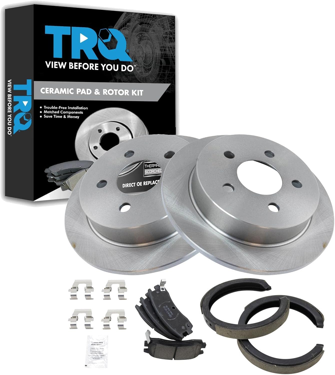 TRQ Rear Brake Pad & Rotor Kit Brake Pads Brake Rotor Parking Brake Shoe Set Ceramic Compatible with 2002-2004 Chevrolet Venture 2002-2005 Pontiac Montana