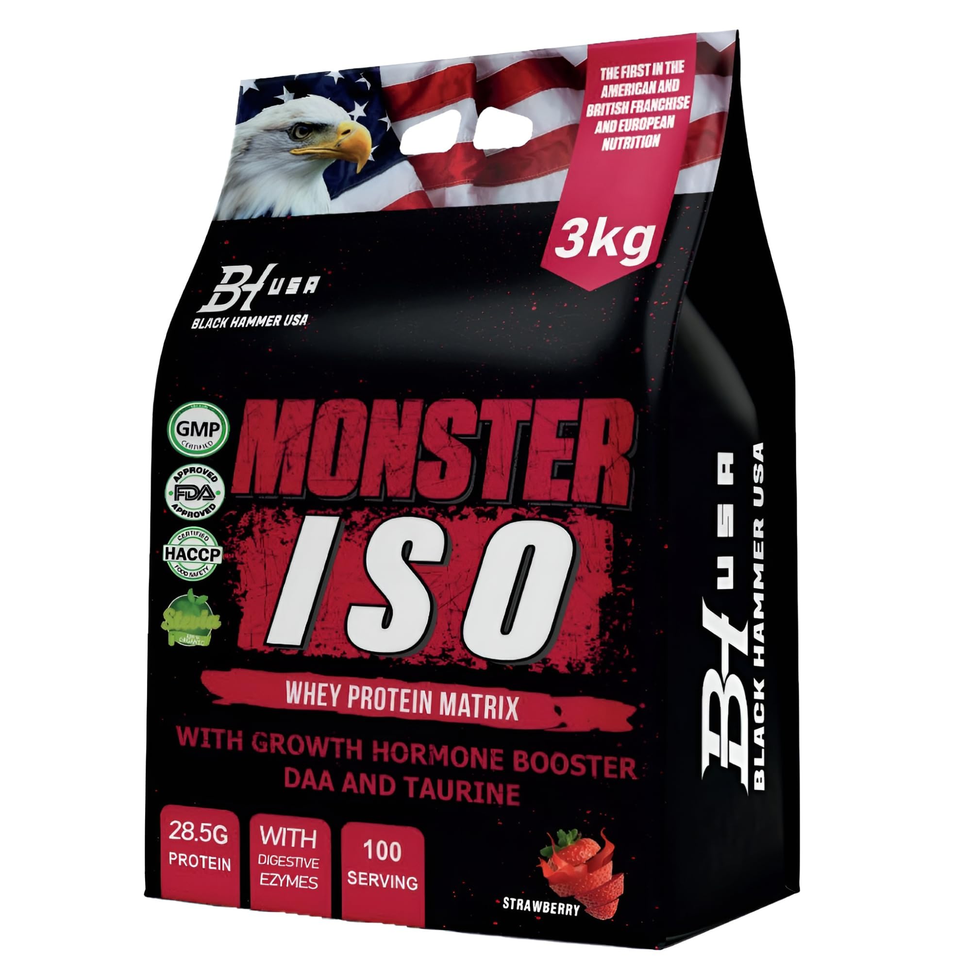 MONSTER ISO Whey Protein Isolat 3 kg – 28,5 g Protein/Portion, 100 Portionen, Schoko – mit Verdauungsenzymen, DAA & Taurin – Low Sugar – ideal für Muskelaufbau & Regeneration (3 kg, Erdbeere)