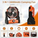 Ninonly Camping Fan, 3 IN 1 Camping Fan for Tent, 24000mAh Rechargeable Tent Ceiling Fan, Battery Operated Tent Fan with LED Light Hanging Hook, Portable Fan for Outdoor Fishing Car Emergency Outages