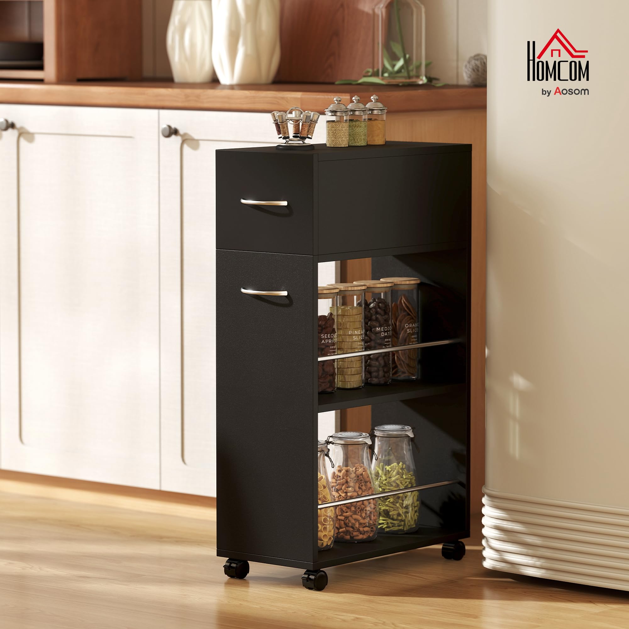 HOMCOM Chariot de Cuisine Desserte sur roulettes 25 x 50 x 85 cm Noir | 1 Tiroir, 2 Étagères Ouvertes, pour Salle à Manger, Salon, Salle de Bain, en Bois
