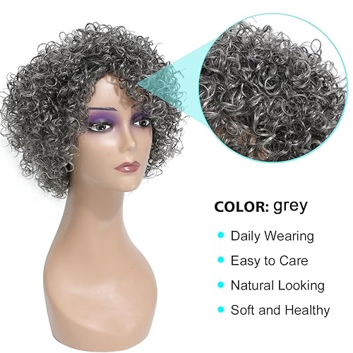 Miniatura 2 de HUA Pelucas de cabello humano gris sin pegamento para mujeres negras, pelucas cortas rizadas grises para mujeres negras, cabello humano mezclado