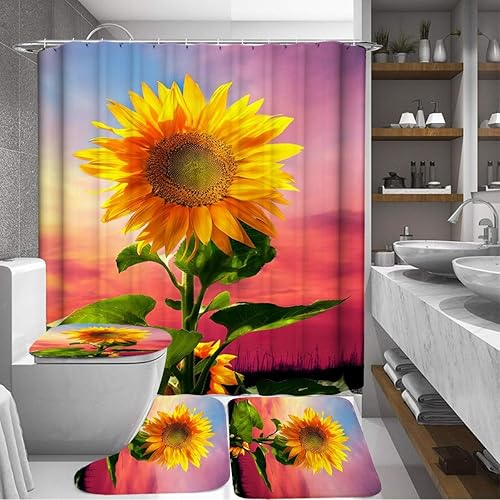 Miniatura 8 de Juego de 4 cortinas de ducha de animales salvajes con alfombras antideslizantes y cubierta para tapa de inodoro, diseño de león gris oscuro, bosque