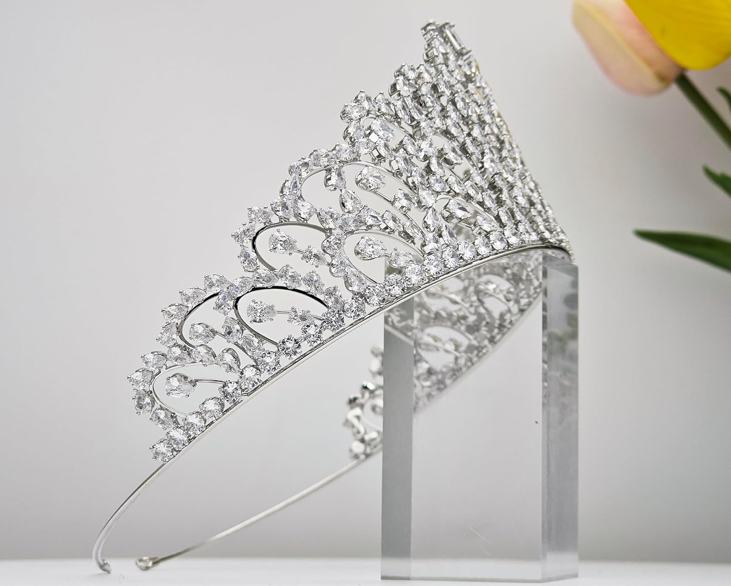 QXMYOO Luxury Full CZ Diamond Wedding Tiaras Tall Crowns for Bride Pageant Prom Quinceanera Birthday Party Silver Gold Crystal Headpieces Bridal Hiar Accessories Cubic Zirconia