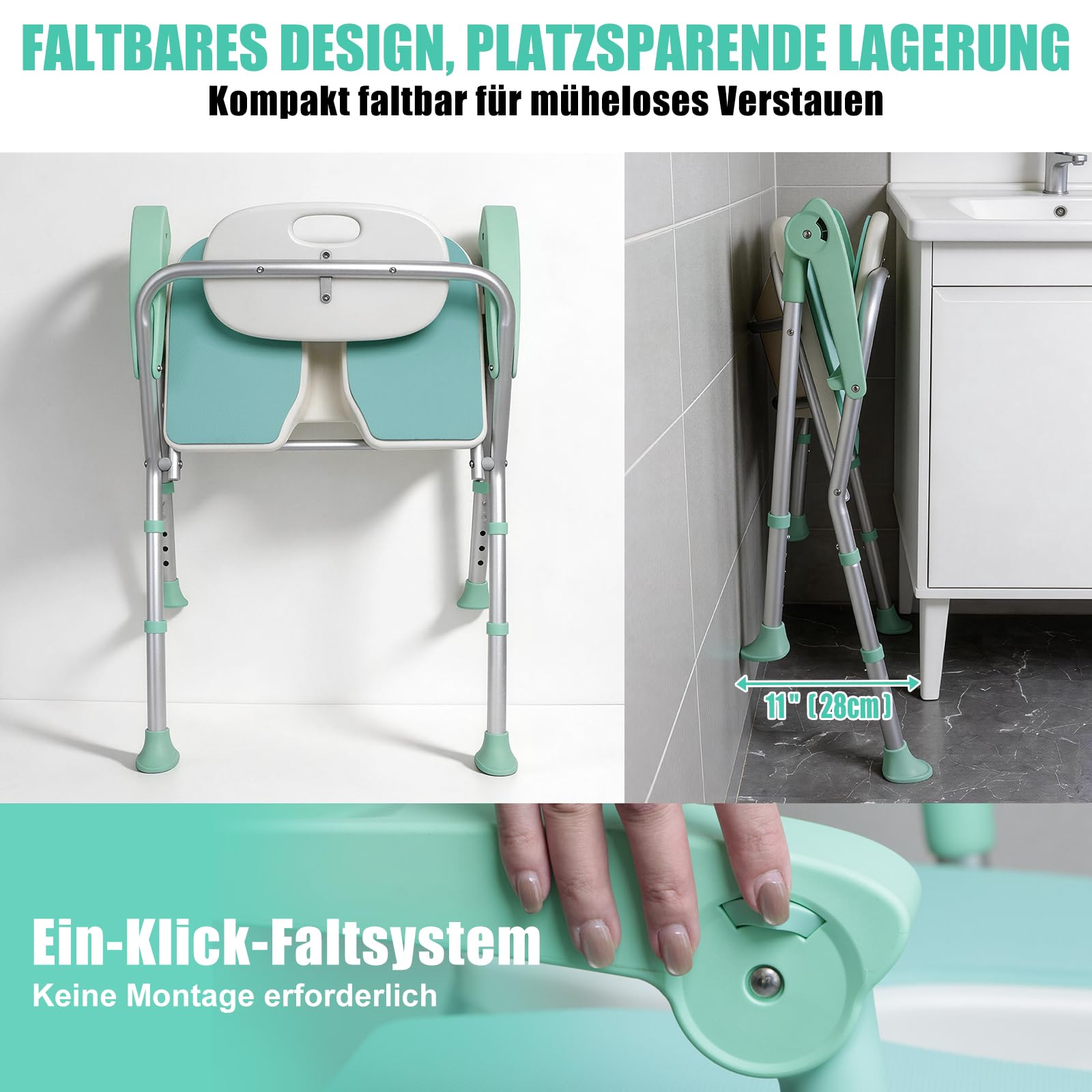 Klappbarer Duschstuhl U-Form, Duschhocker Platzsparend für Senioren & Behinderte, Belastbar bis 158kg, Badestuhl mit Armlehnen & Polsterung, Stabiler Duschsitz für Kleine Duschen