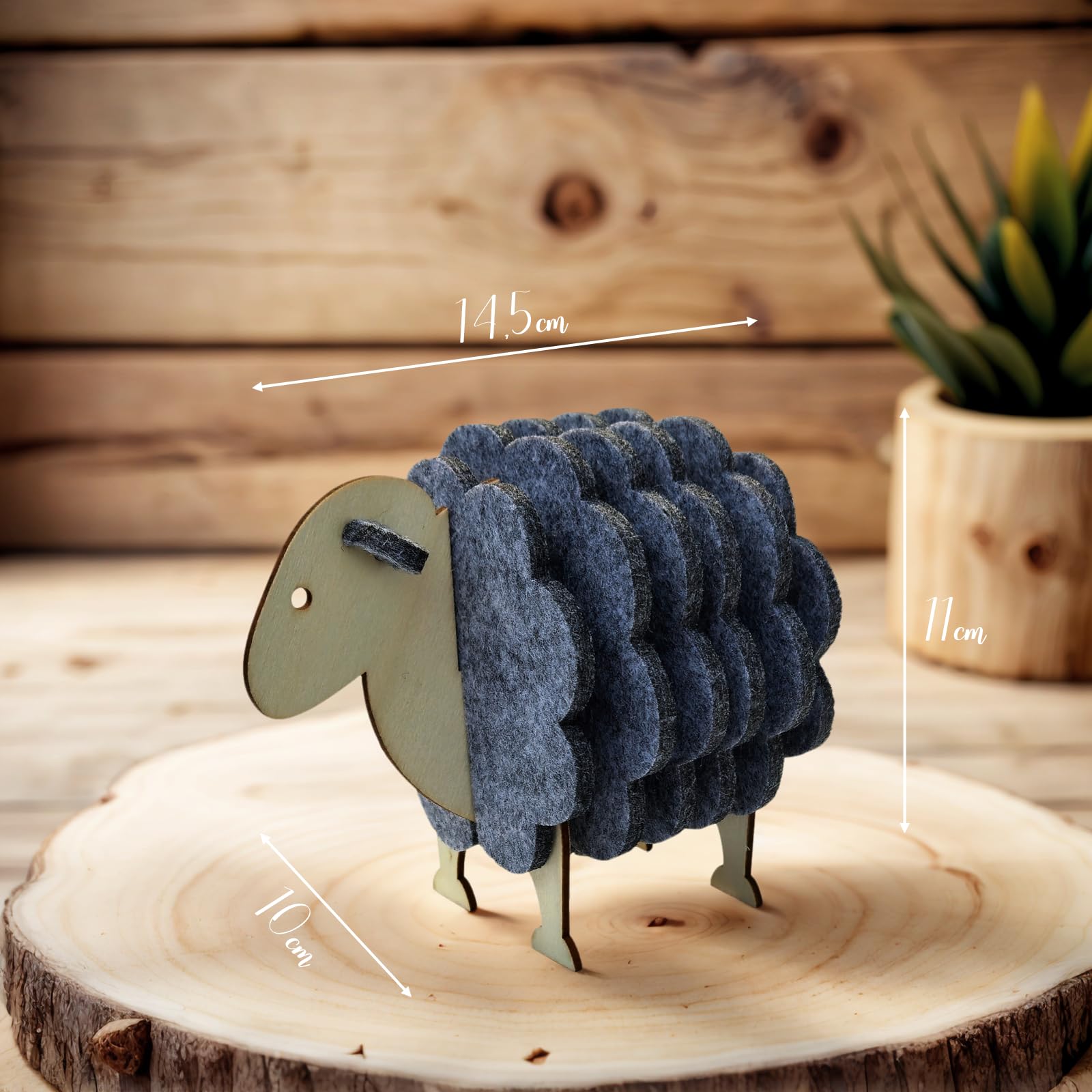 WangsLICHT Filz Untersetzer Set 6-teilig – Untersetzer in Schaf-Form mit Holzständer & Geschenkbox – Nachhaltige Tischdeko - Ostergeschenk - Gastgeschenk (Grau)