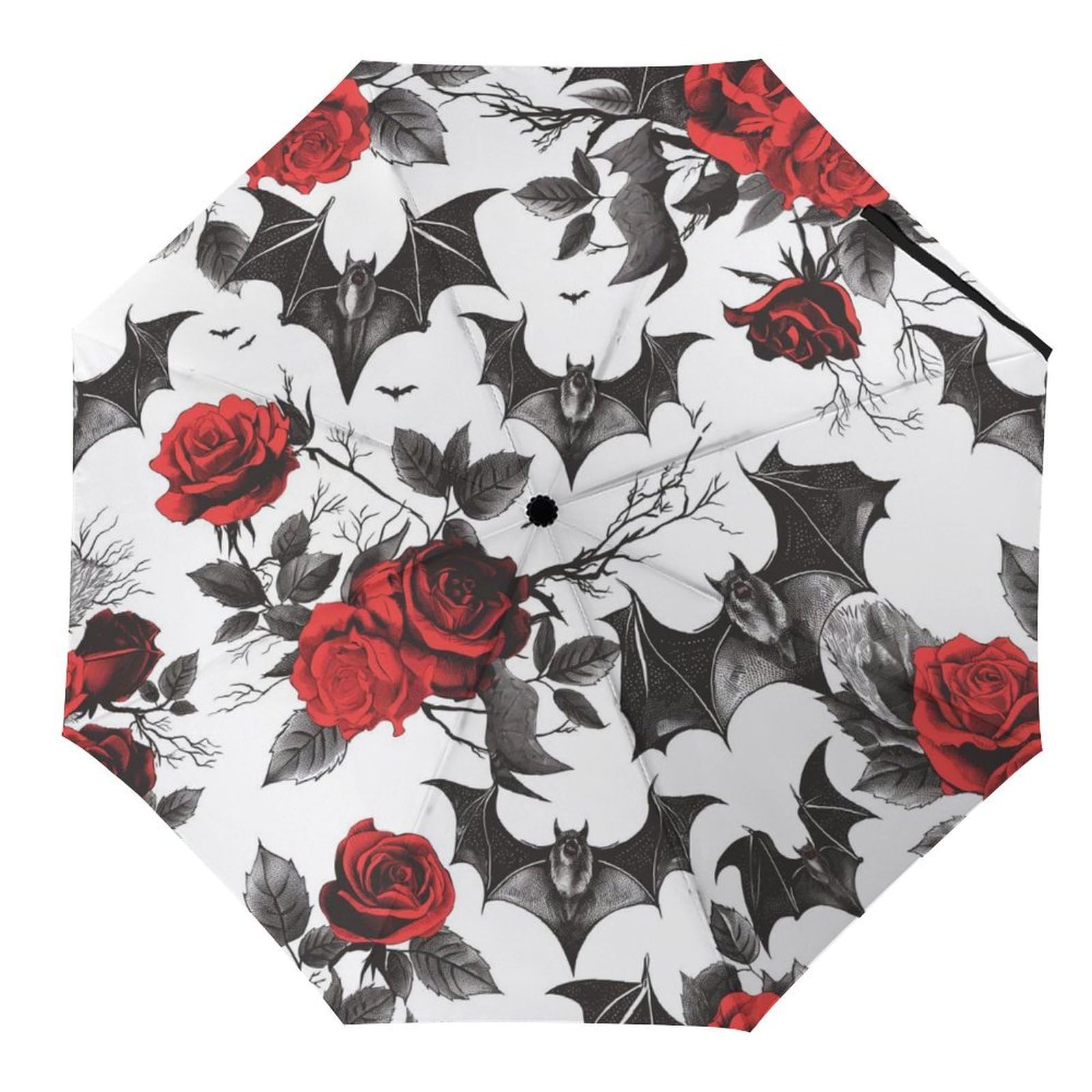 Tilivyx Umbrellas Gothic Pattern Bats And Red Roses Automatic Folding Umbrella Uv Sunscreen Umbrellas Portable Umbrella