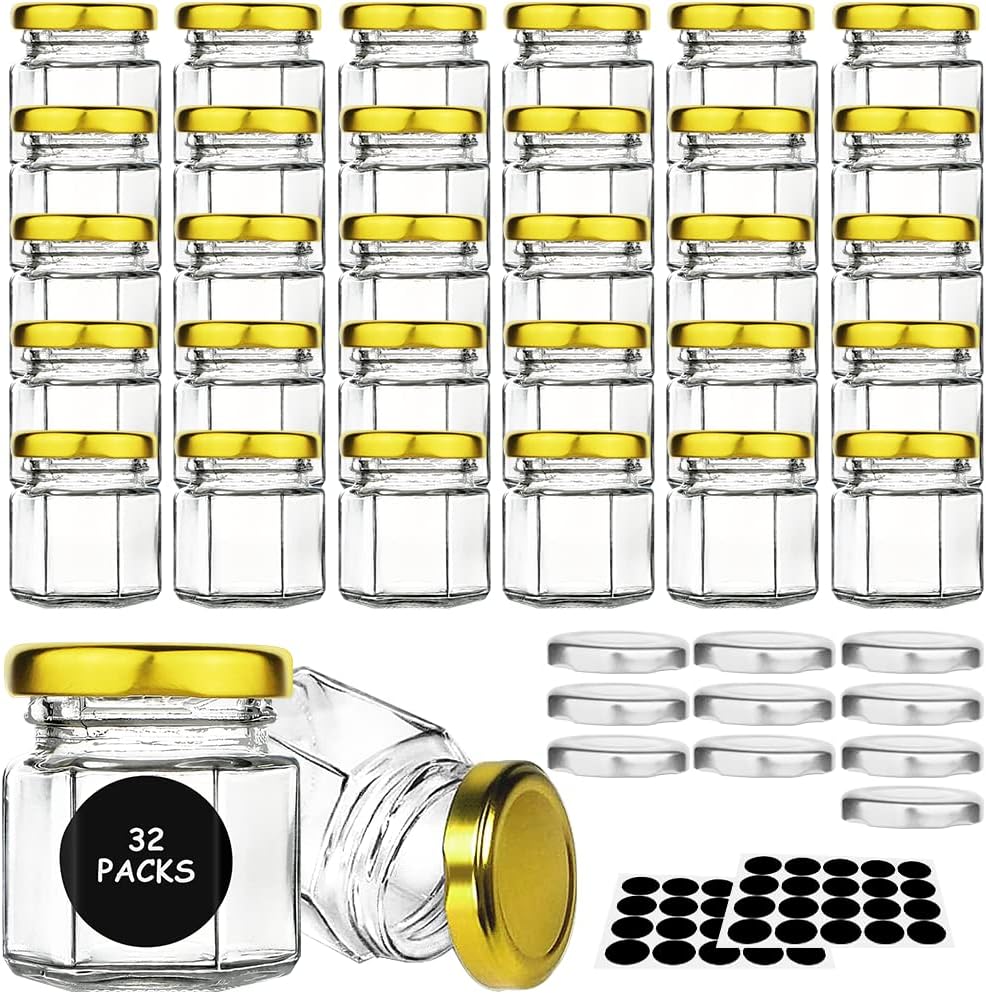 Syntic 32 Pcs 1.5 oz (50ML) Hexagon Jars/Glass Jars with Gold Lids, Small Mason Jars for Wedding, Party Favors, Extra 10 Silver Lids, Chalkboard Labels