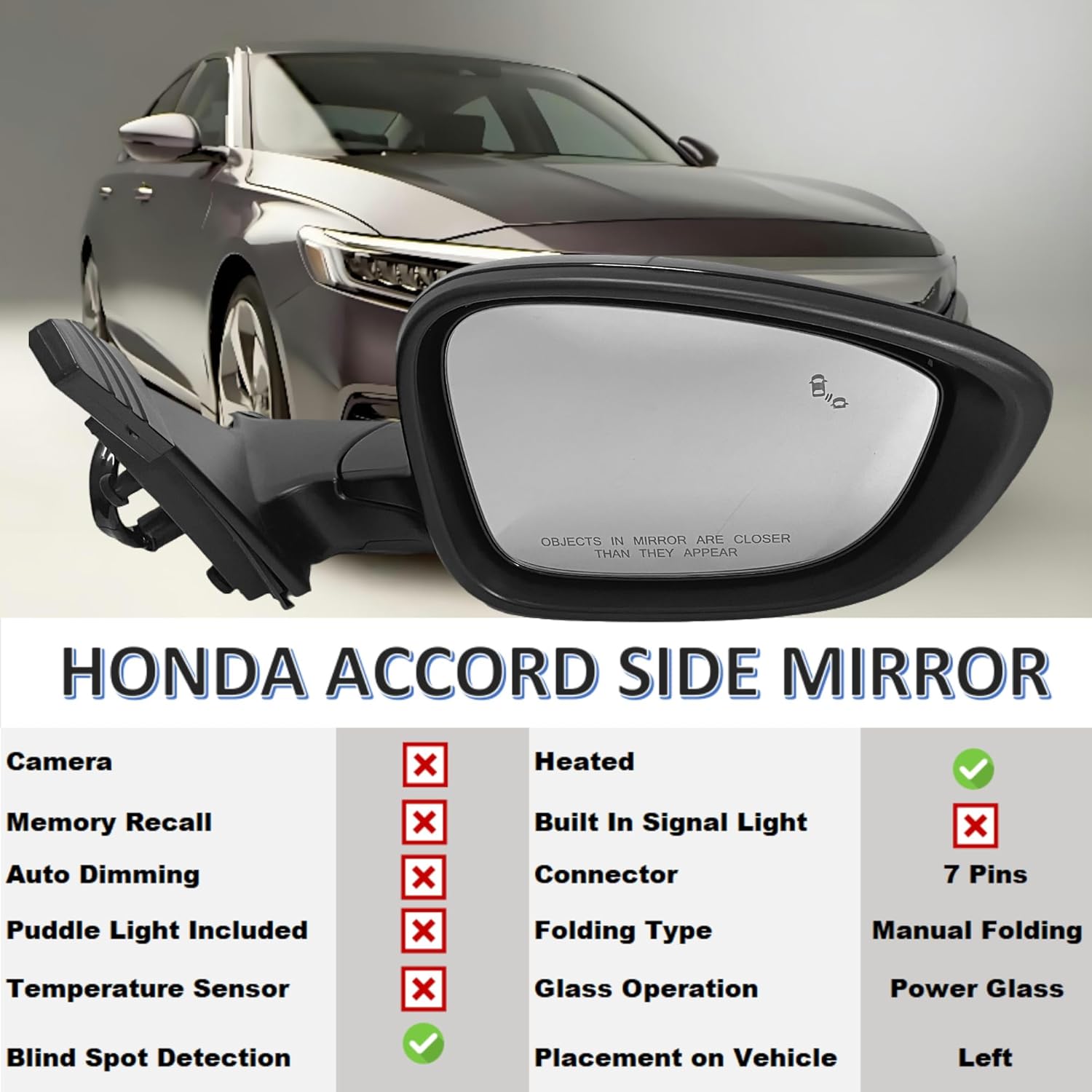 Passenger Side Mirror Compatible With 2018-2022 Honda Accord LX, Sport,With Power Glass Heated Blind Spot Detection and Manual Folding 7Pins Black No-Turn Signal