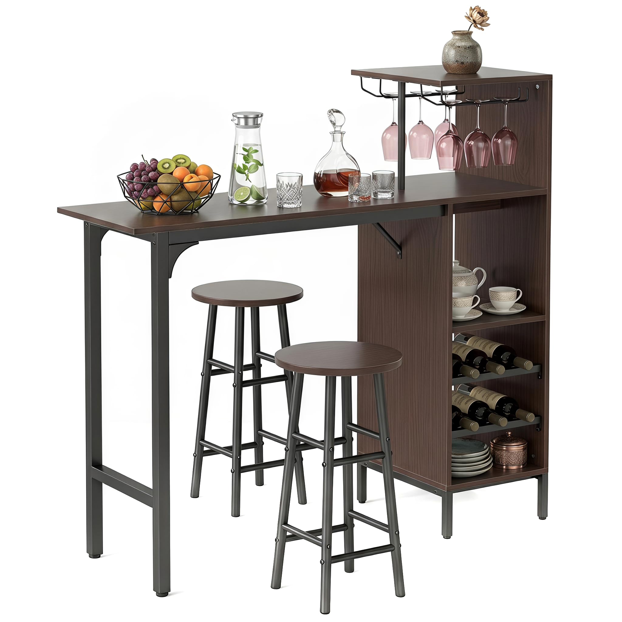 RELAX4LIFE Table Haute avec Tabouret, Mange Debout avec Porte-Verre, Porte-Bouteille, Étagères, Petite Table Bar Industrielle pour Cuisine Bistro Salle à Manger (Café)