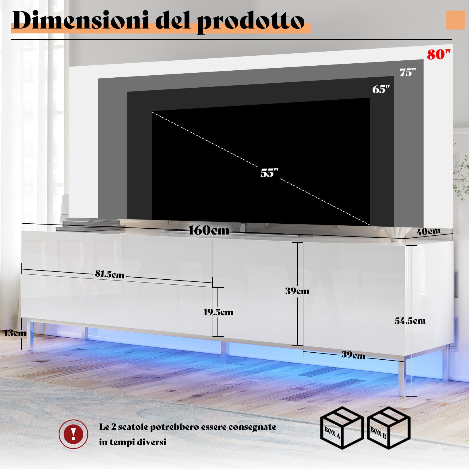 LUXOAK TV Lowboard Hochglanz Weiß mit LED, Fernsehschrank für Fernseher bis 80 Zoll, mit Schublade & Türen, 160 x 40 x 54.5cm, verchromten Füßen für Wohnzimmer & Schlafzimmer
