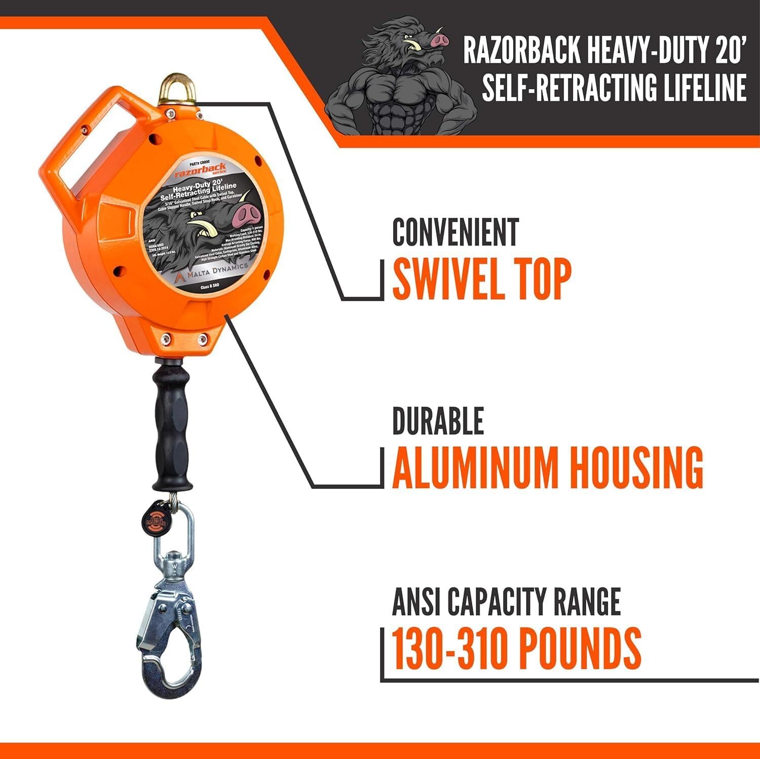 Malta Dynamics Razorback Heavy-Duty Self Retracting Lifeline, Quick-Action Braking System, Galvanized YoYo Cable, Fall Protection Retractable Safety Harness Lanyard - OSHA/ANSI Compliant
