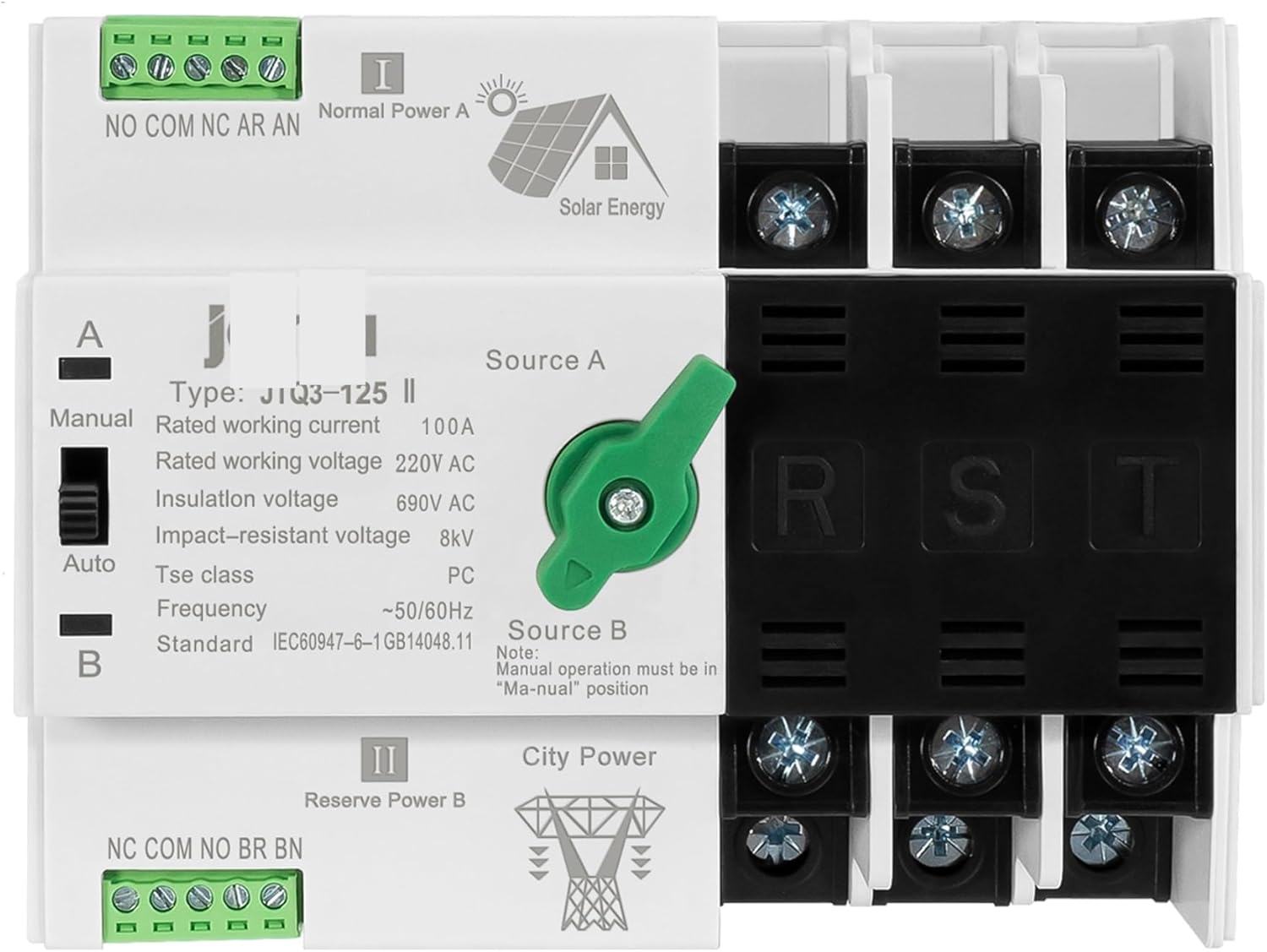 Solar Energy Type PV System ATS Automatic Transfer Switch for Solar Photovoltaic Inverter 2P/3P/4P 100A Din Rail Mounting(3P 100A 220V)