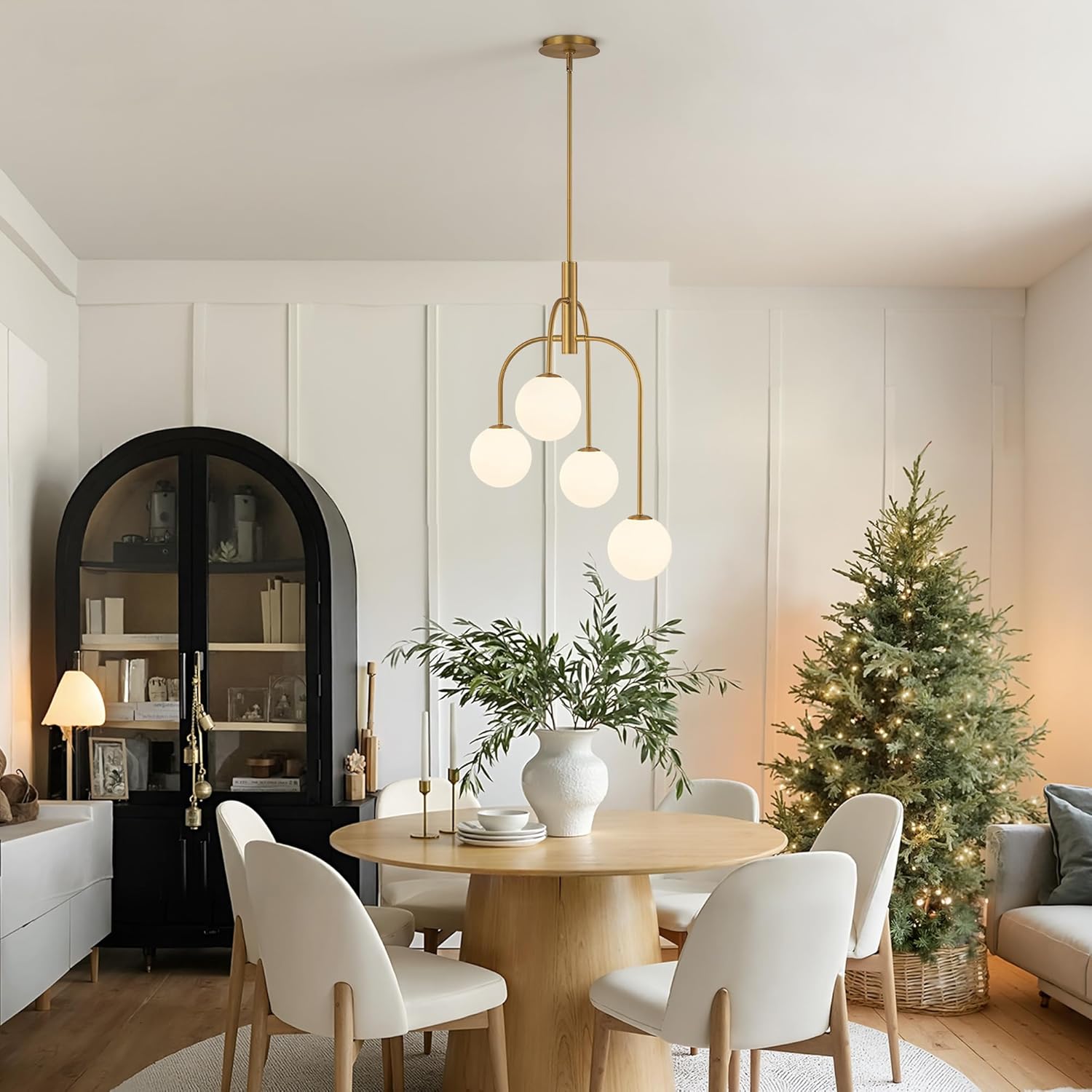 4-Lights Mid Century Modern Chandelier, Asymmetrical Brushed Gold Sputnik Pendant Light Fixture with Milk Glass Globe Shade for Dining Room Living Kitchen Island Entryway Foyer, Bulb Included