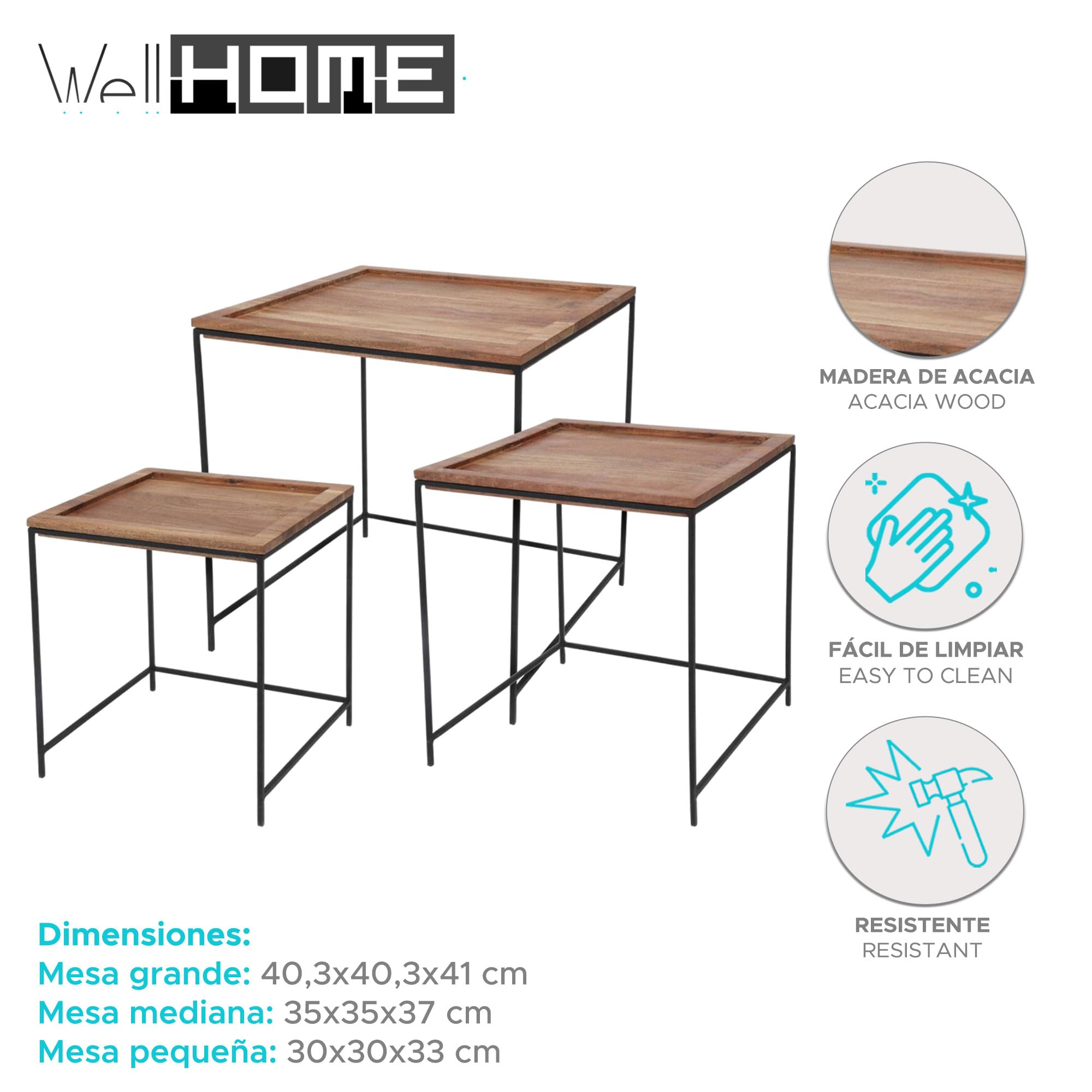 WELL HOME MOBILIARIO & DECORACIÓN Well Home Set di 3 tavolini in Legno di Acacia, Naturale, 41x40x40 cm