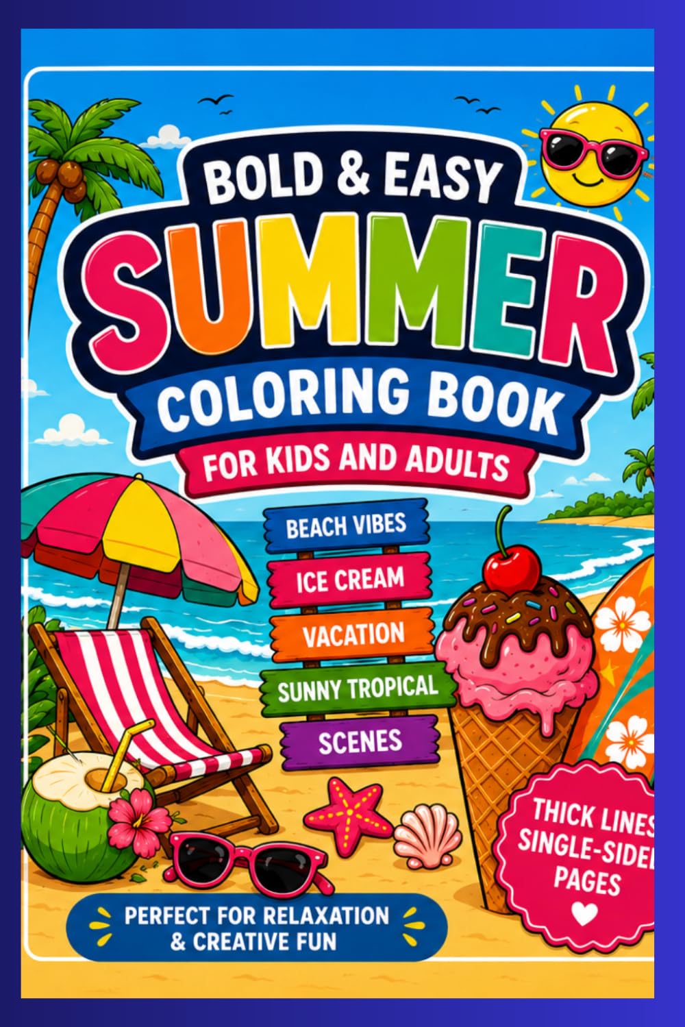 Bold & Easy Summer Coloring Book for Kids and Adults: 50+ Beach Vibes, Ice Cream, Vacation & Sunny Tropical Scenes | Thick Lines, Single-Sided Pages | Perfect for Relaxation & Creative Fun