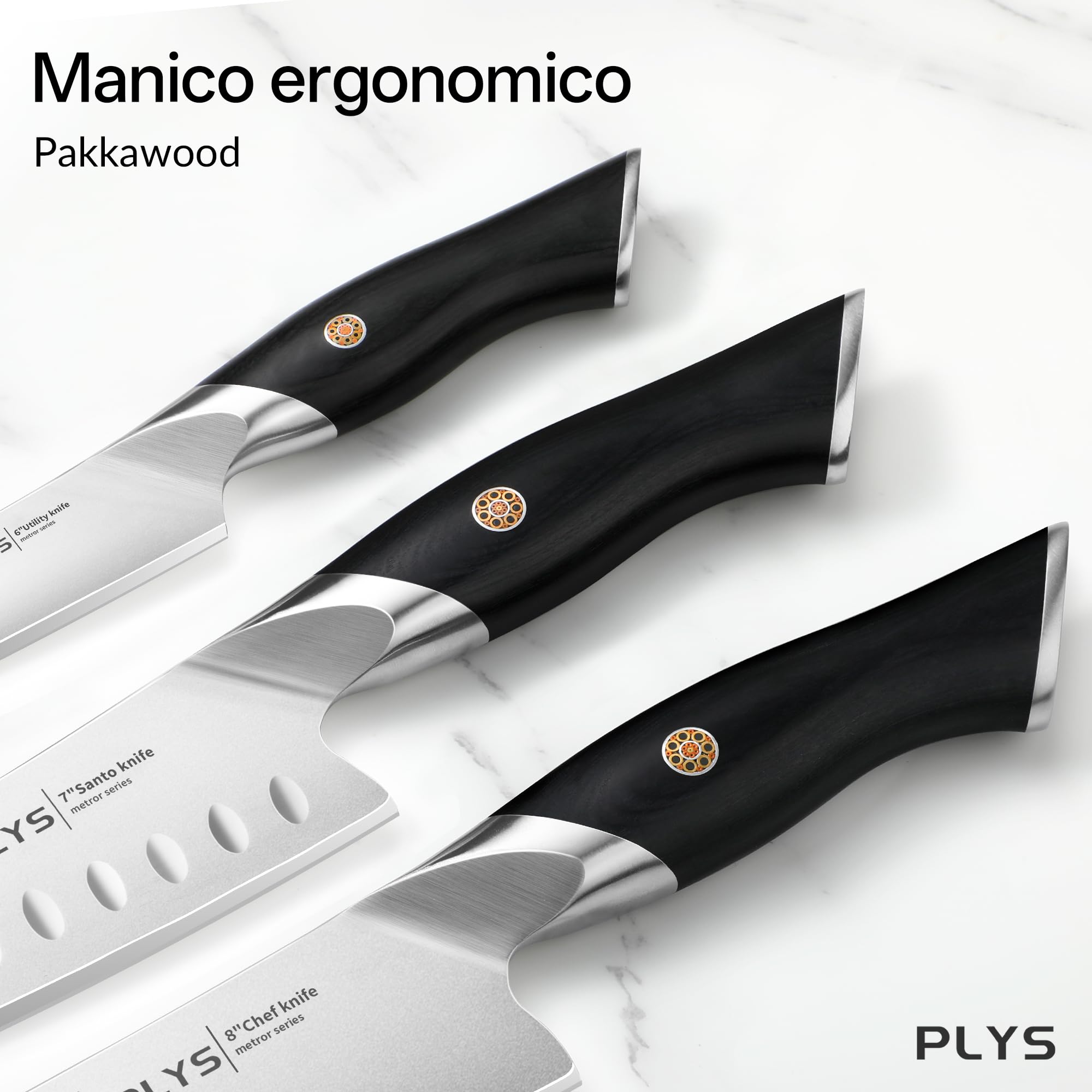 Plys Set di Coltelli da Cucina: 3 Pezzi, Acciaio Inossidabile 10cr15mov, Manico in Legno Pakka, Include Un Coltello da Chef, Un Coltello Santoku e Un Coltello Multiuso, Confezione Regalo