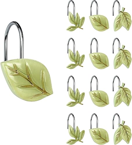 Miniatura 2 de Ganchos decorativos para cortina de ducha con hojas de plantas verdes, anillos de cortina de ducha con hojas de árbol botánico tropical para baño,