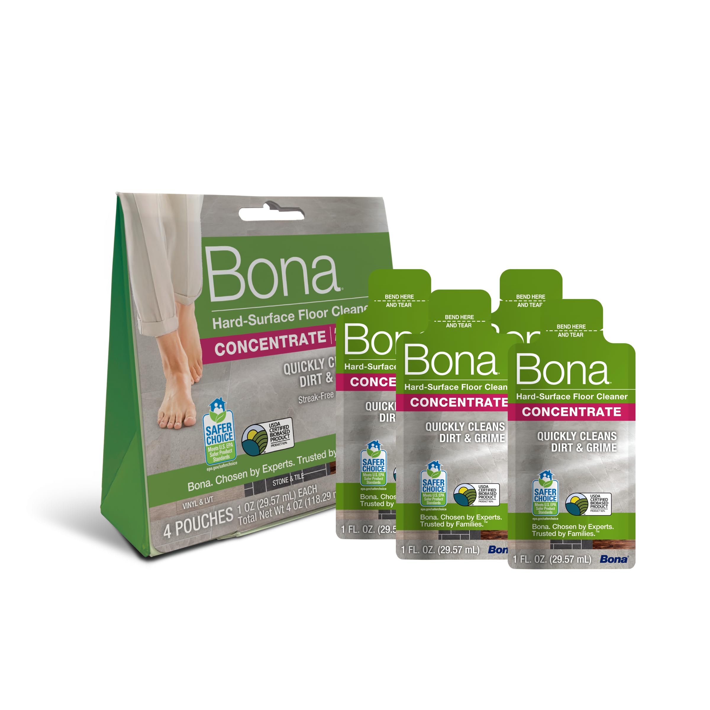Bona Hard-Surface Floor Cleaner Liquid, for Stone, Tile, Laminate & LVT Floors, 60ml Concentrate Refill Pouch, 4 Count (Pack of 4x60ml)