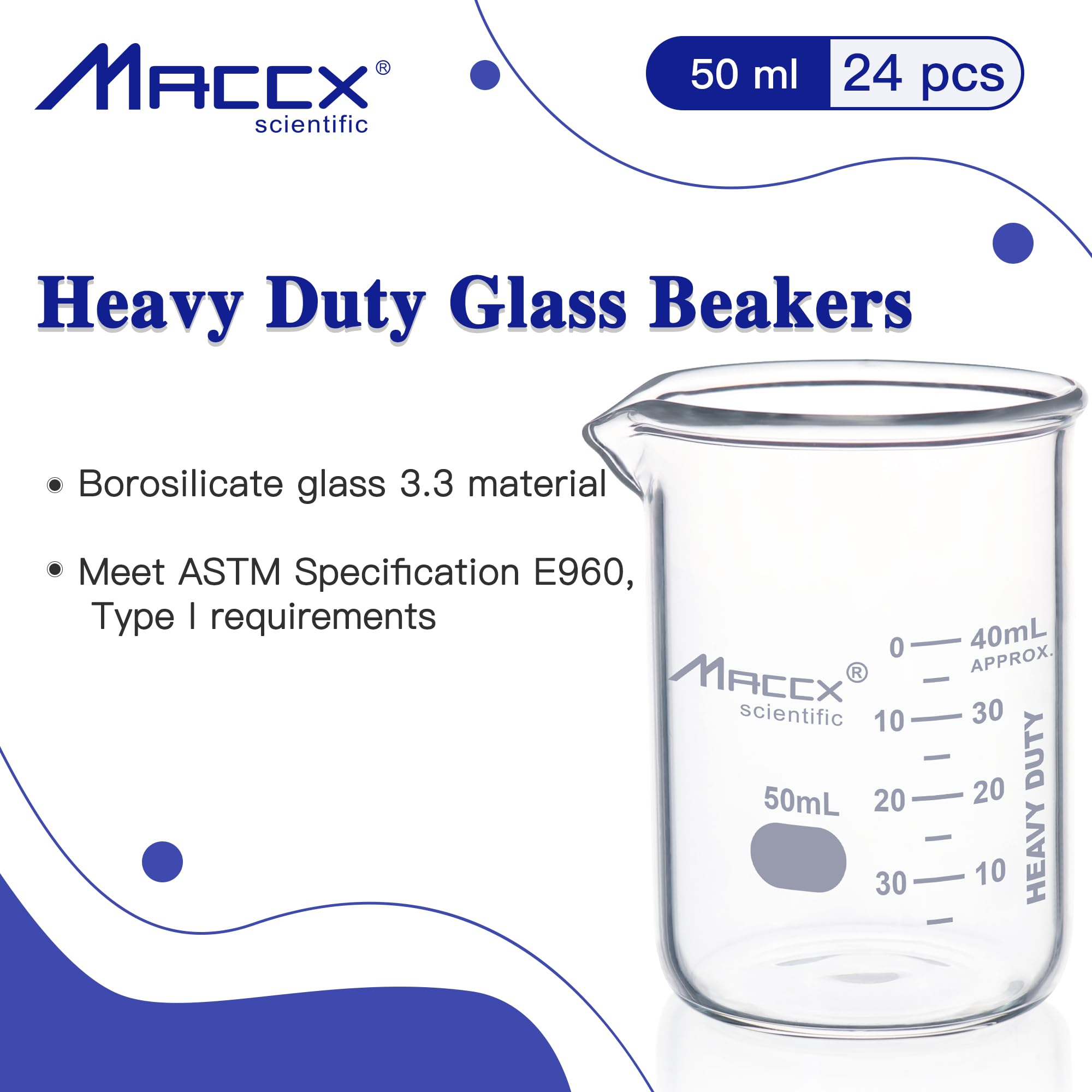 Vaso de vidrio resistente de 1.7 onzas (50 ml), forma baja de borosilicato 3.3 con graduación impresa, paquete de 24, BKL050-024