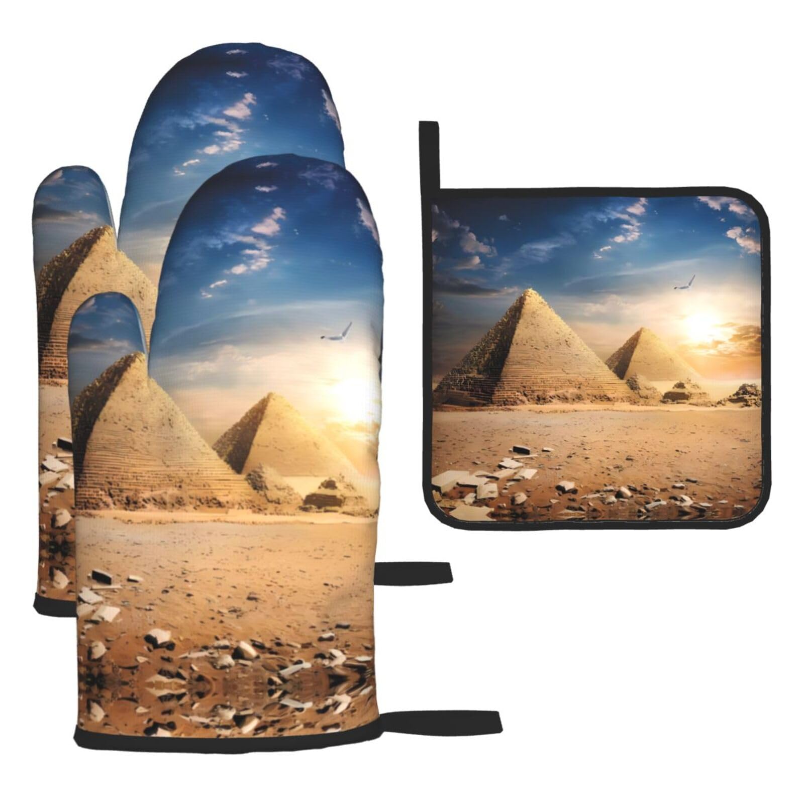 Ancient Egypt Printed Kitchen Oven Mitt Set 3-Piece Heat Resistant Gloves with Pot Holder Mat for Cooking Baking BBQ