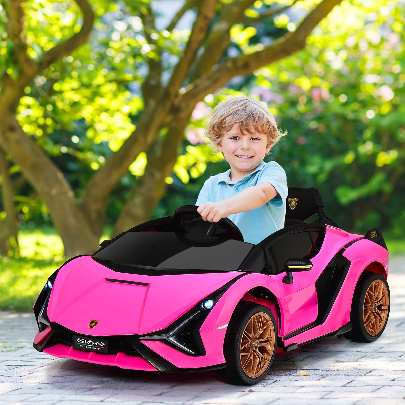OLAKIDS Kids 12V Licensed Lamborghini SIAN Ride On Car, Electric Vehicle for Toddler with Control Remote, Battery Powered Toy with Music, Horn, 2 Speeds, Suspension, LED Lights, Bluetooth, USB (Pink)