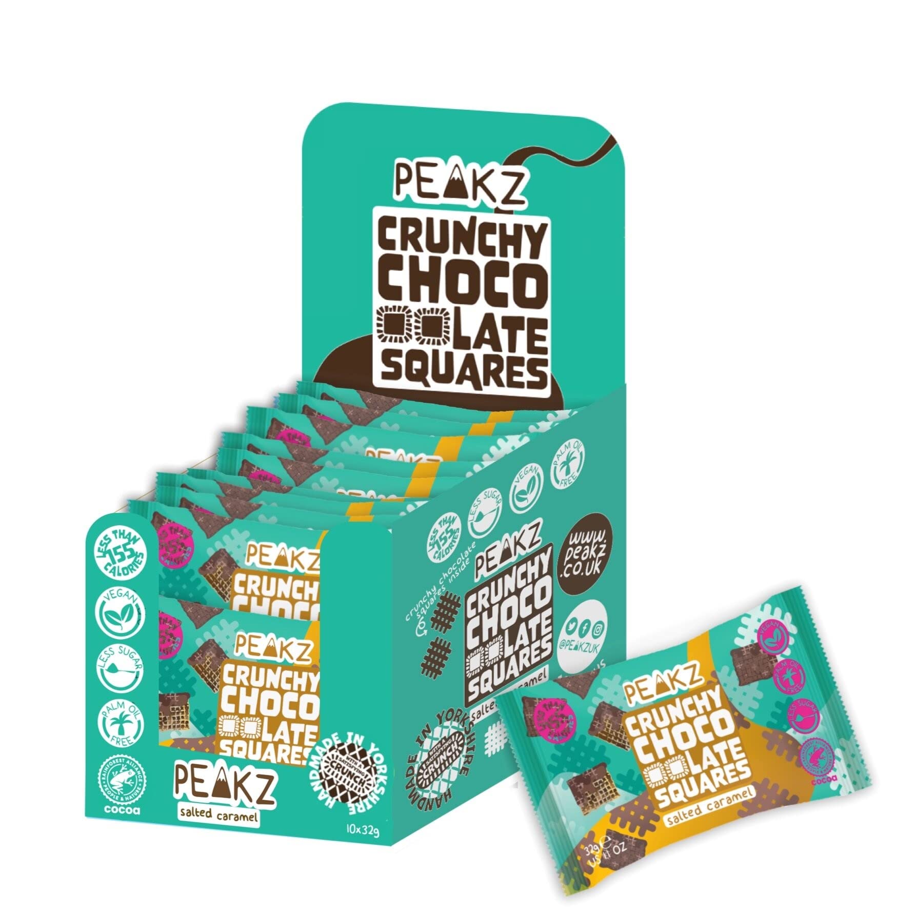 Peakz Salted Caramel Crunchy Chocolate Squares, Vegan Bite-Sized Naturally Flavoured Chocolate Snacks (10 x 32g packs)