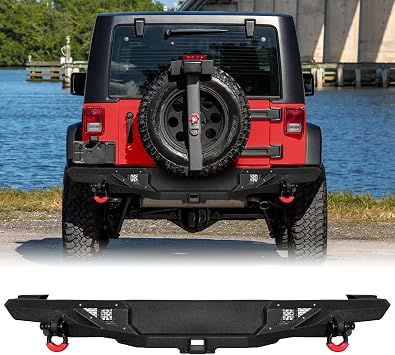 Full Width Rear Bumper Texture Black Compatible with 2007 2008 2009 2010 2011 2012 2013 2014 2015 2016 2017 Jeep Wrangler JK JKU w/2 24W LED Lights & 2 4.75T D-Rings