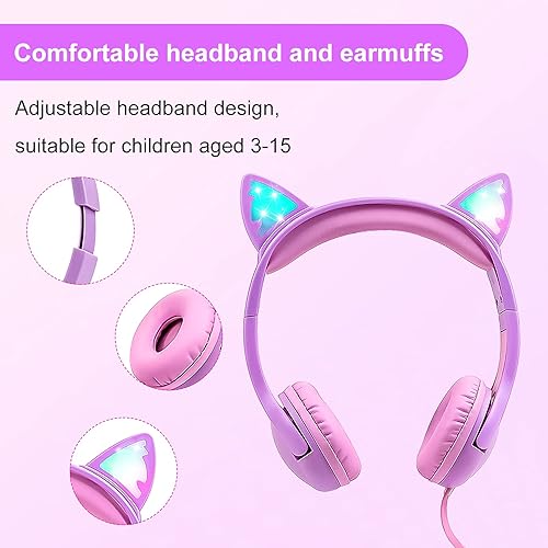 Miniatura 4 de Olyre - Auriculares para niños, control de volumen seguro de 85 dB, luces LED, auriculares con orejas de gato para iPad, Fire Tablet, Kindle,