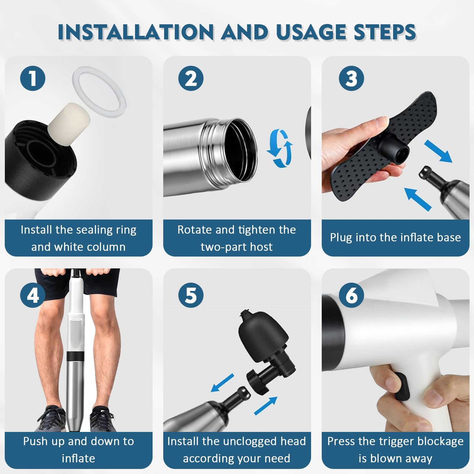 Pompe Débouchage Haute Pression Air Comprimé – 4 Têtes Interchangeables – Déboucheur Toilettes, Lavabos, Canalisations – Manomètre