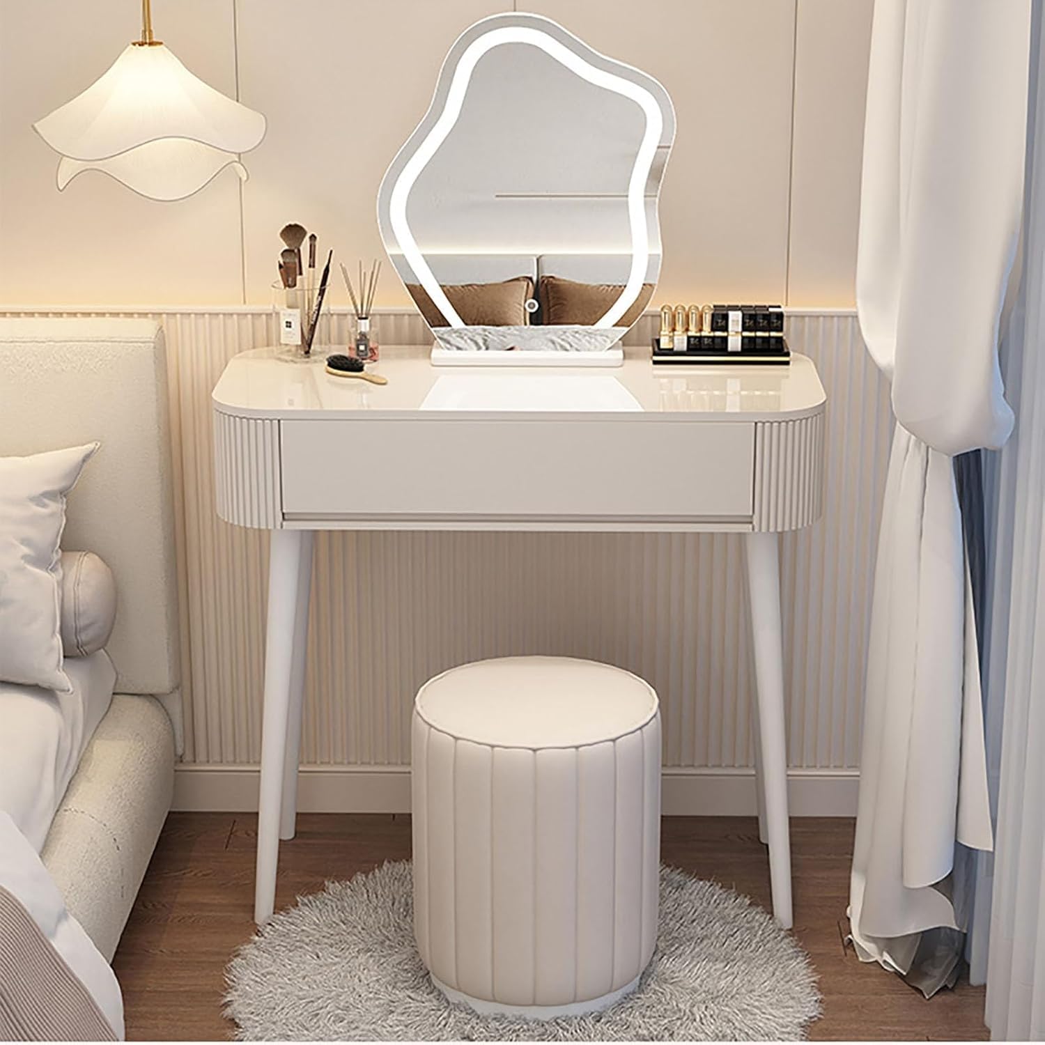 Biurko toaletkowe ze światłami i krzesłem, stolik do makijażu i toaletka do sypialni, stylowy biały design dla kobiet i dziewcząt