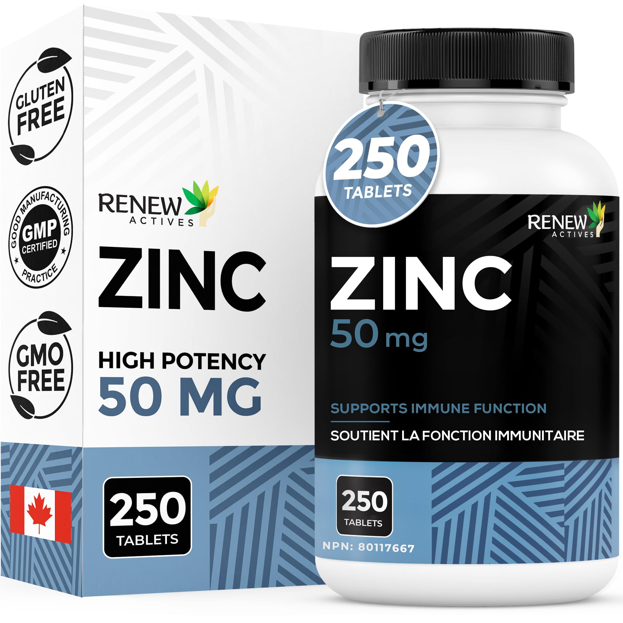 Renew Actives Zinc Supplements 50MG per Serving - Essential for Immune Health, Strong Bones & Promoting Healthy Hair, Nails & Glowing Skin for Daily Use - Made in Canada - 250 Tablets