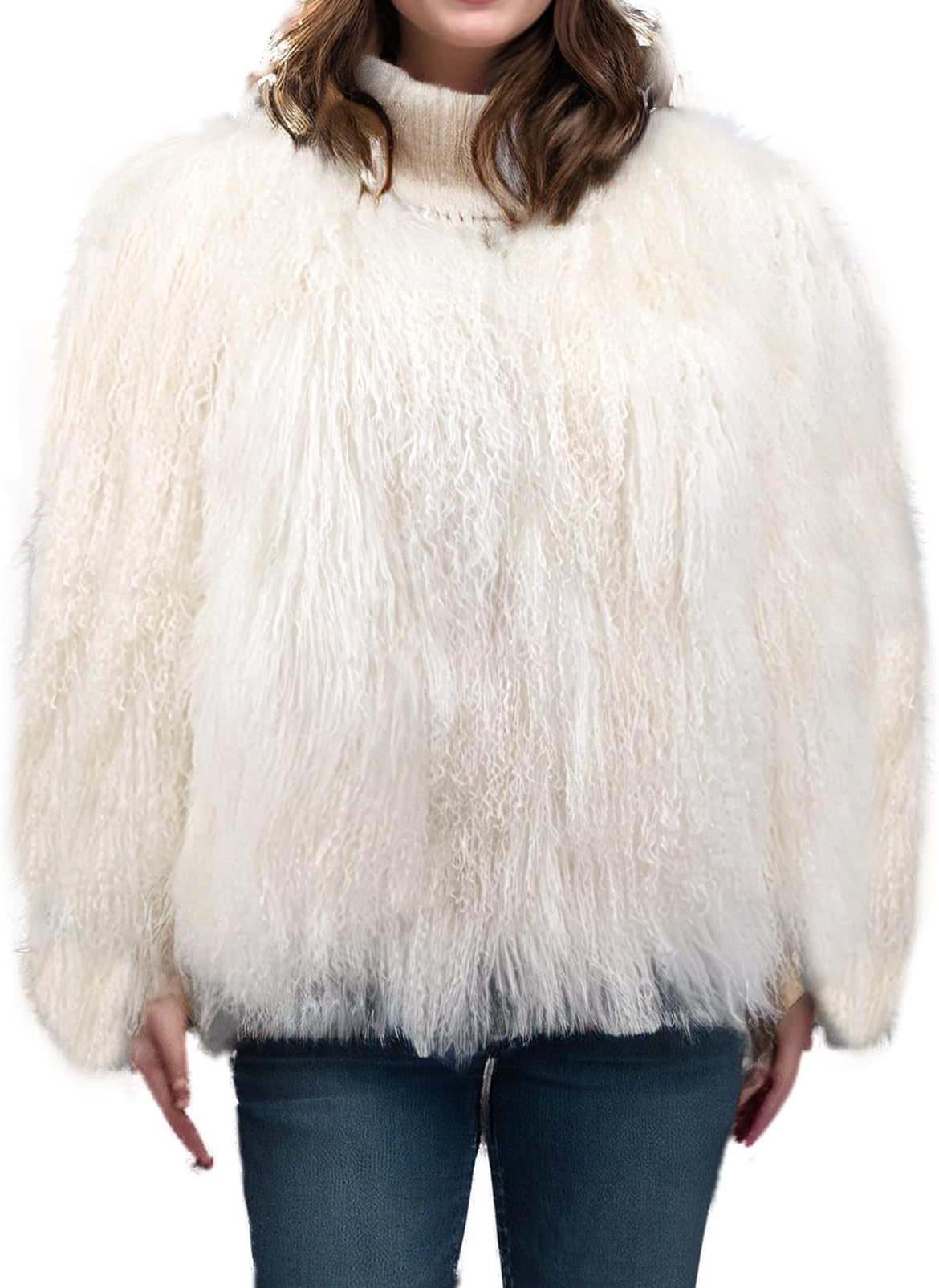 Women Real Mongolian Fur Coat Fur Jacket Long Sleeve Shaggy Outwear Premium Warm Winter