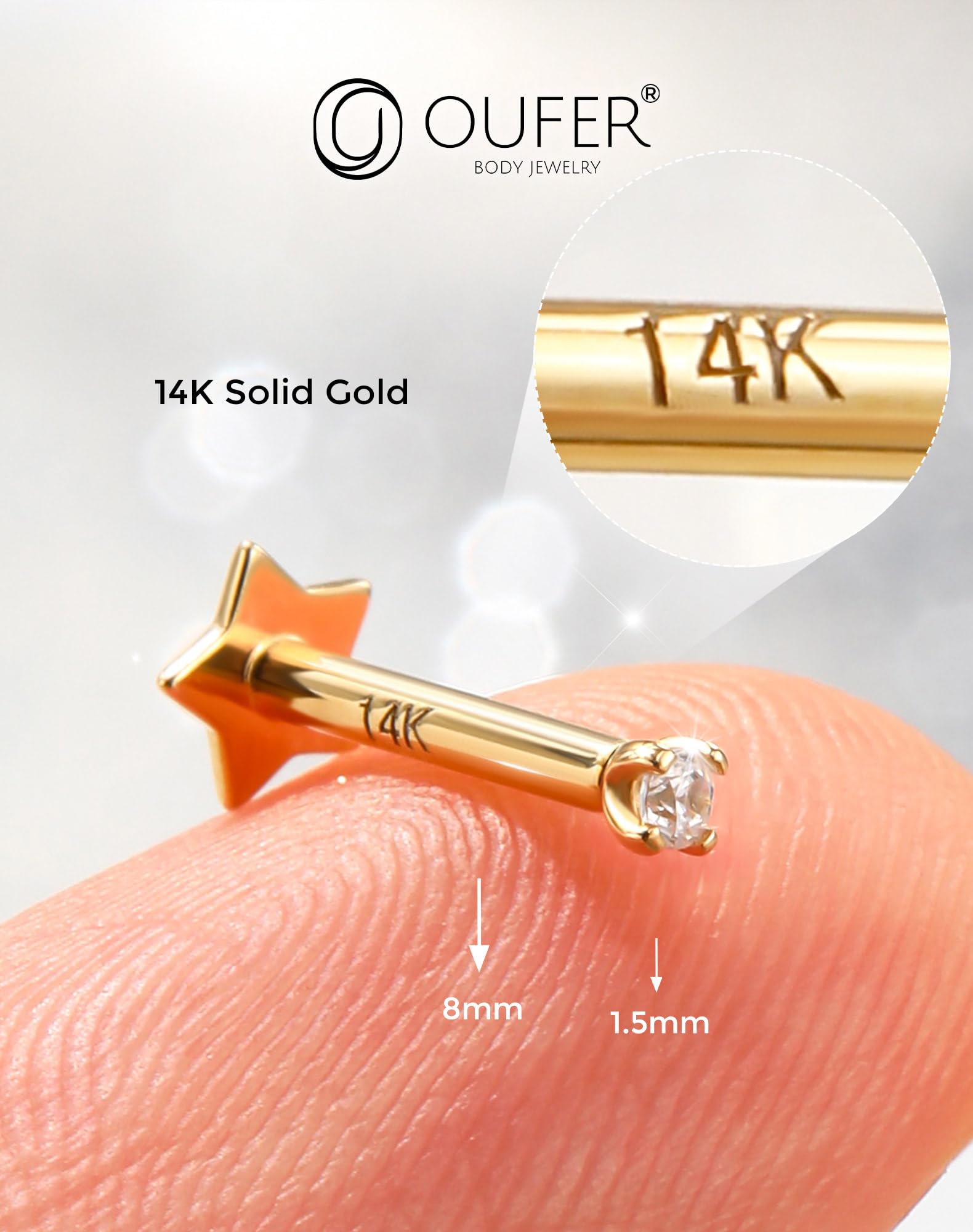 OUFER Body Piercing Tragus Piercing Jewellery 14K Gold Helix Earrings 16G Push In Labret Earring Stud Bar Clear CZ Theadless Conch Lobe Cartilage Earring Piercing Jewellery