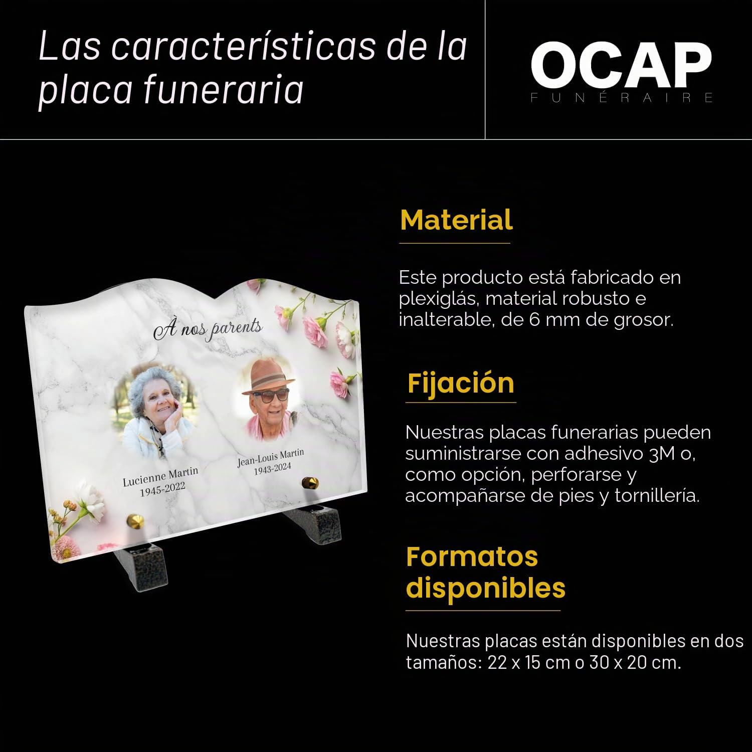 Placa funeraria libro personalizable de plexiglás con doble foto, homenaje para parejas, diseño de flores, tamaño 30 x 20 cm