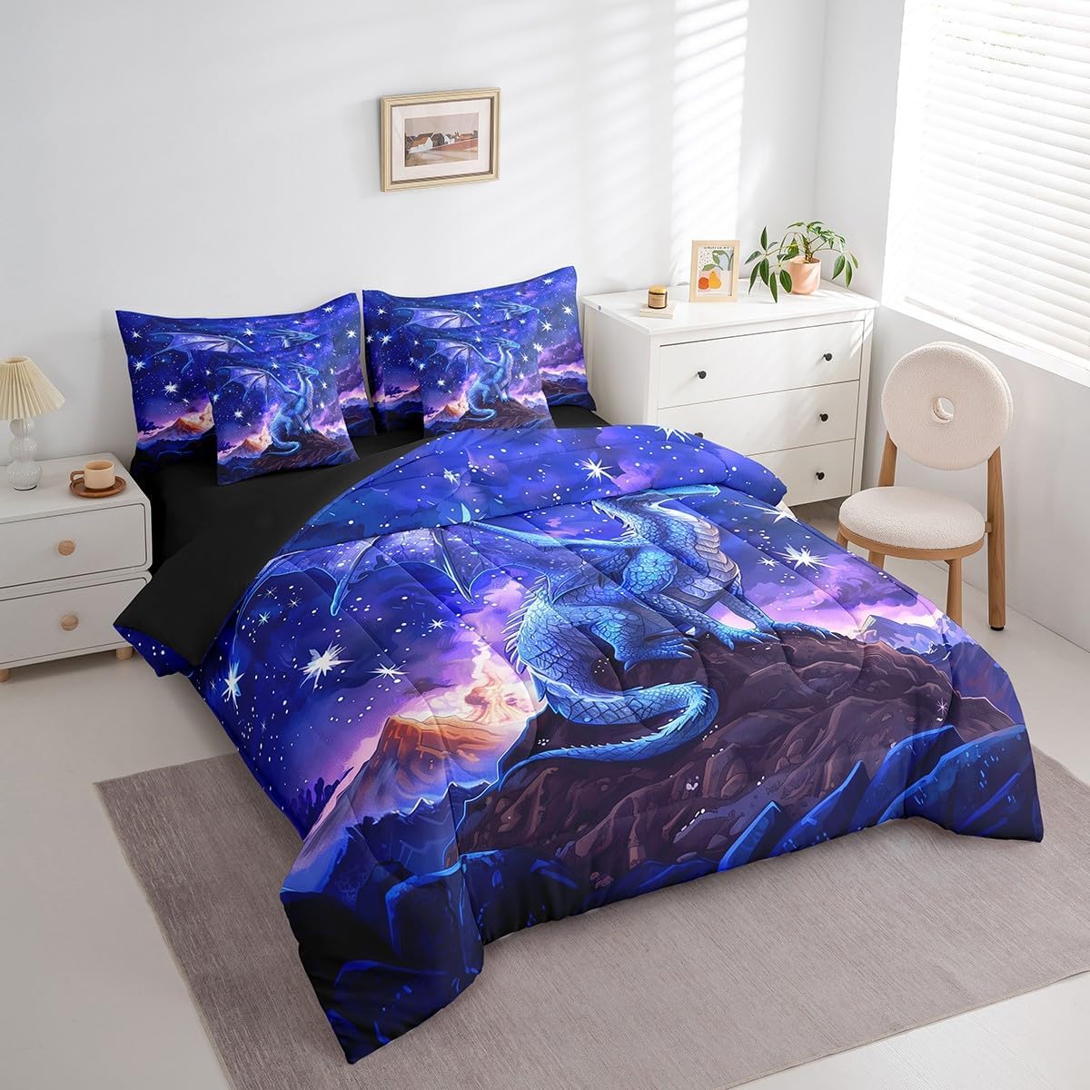 Homewish Twin Size 7 Piece Bedding Sets Dragon Comforter Set Galaxy Starry Sky Glitter Bed Sheet Purple Reversible Printed Quilt Set + Flat Sheet + Fitted Sheet + 2 Pillowcase + 2 Throw Pillow Covers