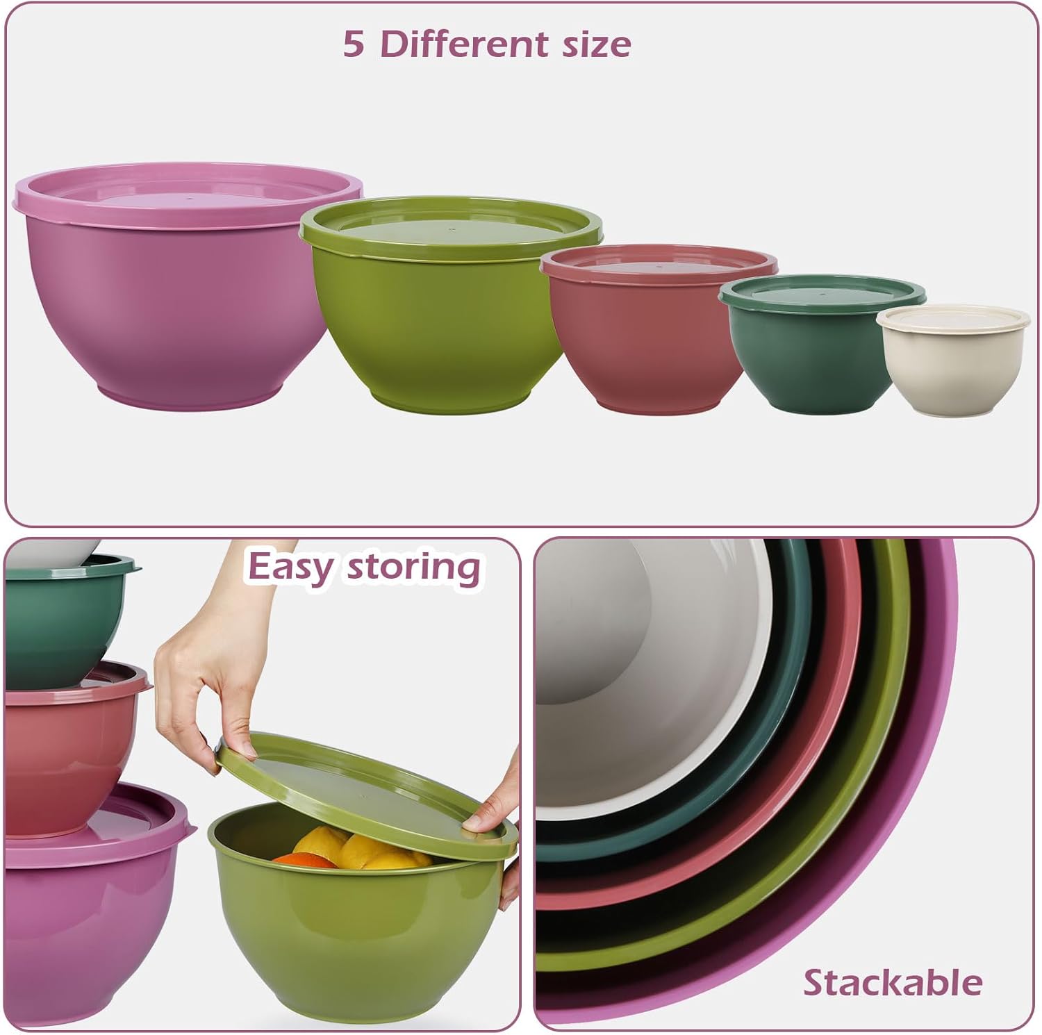Plastic Mixing Bowls with Lids Set for Kitchen, Nesting Bowls for Mixing, Baking, Prepping, Cooking and Serving Food, Mixing Bowls Dishwasher, Microwave Safe (Purple) - Image 6