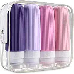 Kit de Frascos de Viagem para Cosméticos, 4 Peças, Design Canelado, Recipiente de tamanho de viagem de silicone squeezable à prova de vazamento, Cores Neutras (Roxo)
