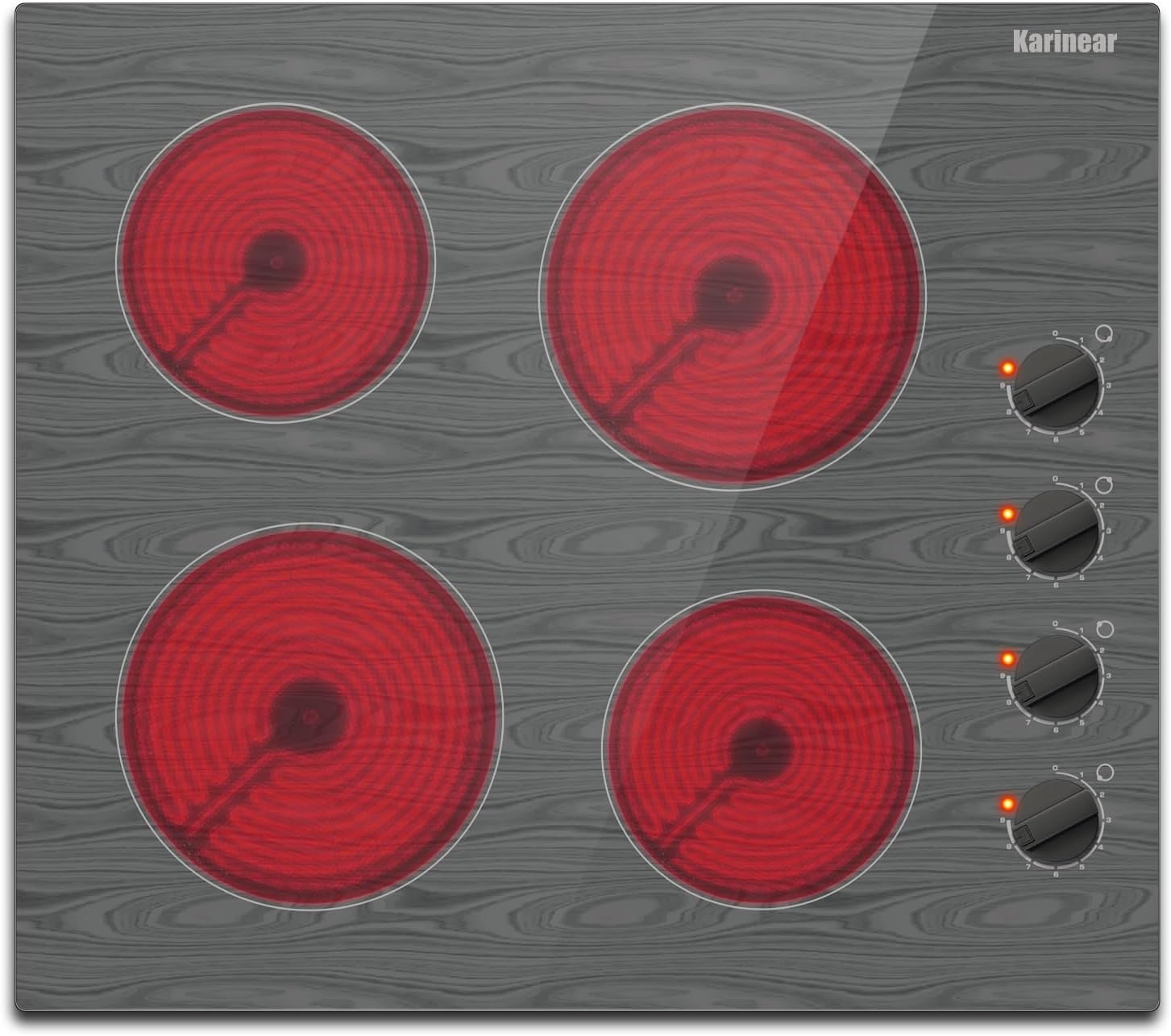 Karinear Electric Cooktop 24 Inch, 4 Burners Built-in Electric Stove Top, Glass Cooktops with Wood Patterns, 9 Heating Power Settings, Knob Control, 6000 High Power, 220-240v Hard Wired(No Plug)