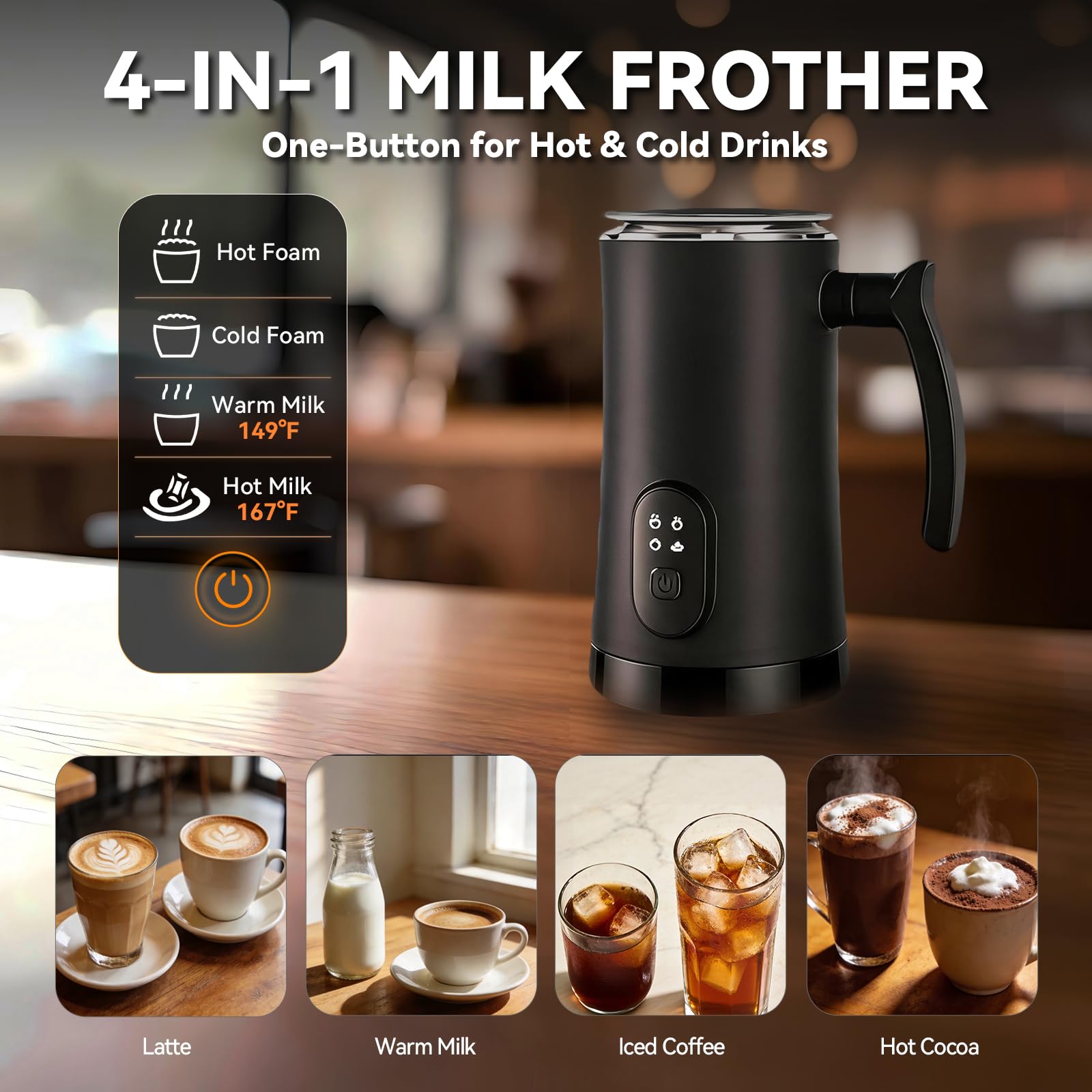 Liksiy Montalatte e vaporizzatore, 4 in 1, montalatte elettrico per schiuma calda e fredda, montalatte silenzioso e scaldavivande per latte, cappuccino e macchiato, nero