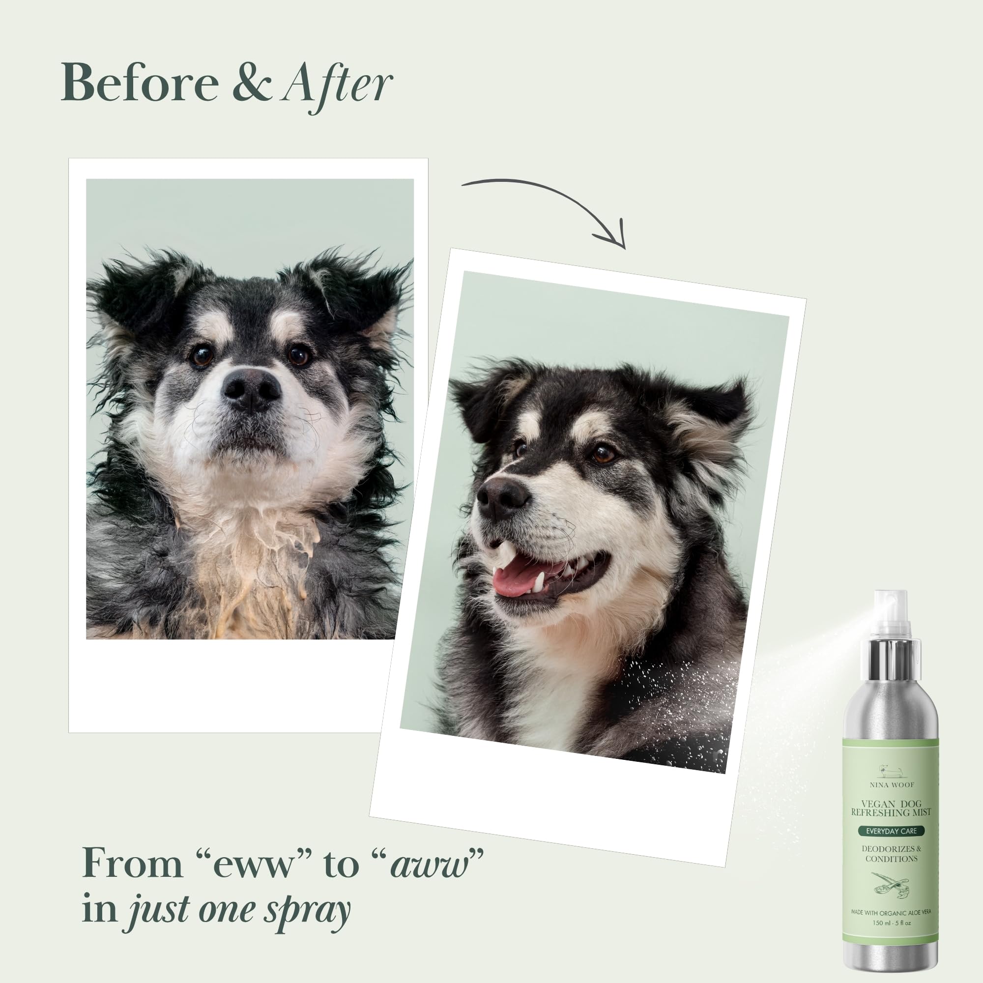 Spray désodorisant vegan pour chien Nina Woof – neutralise les odeurs, rafraîchit & démêle le pelage – pH équilibré – 150 mL