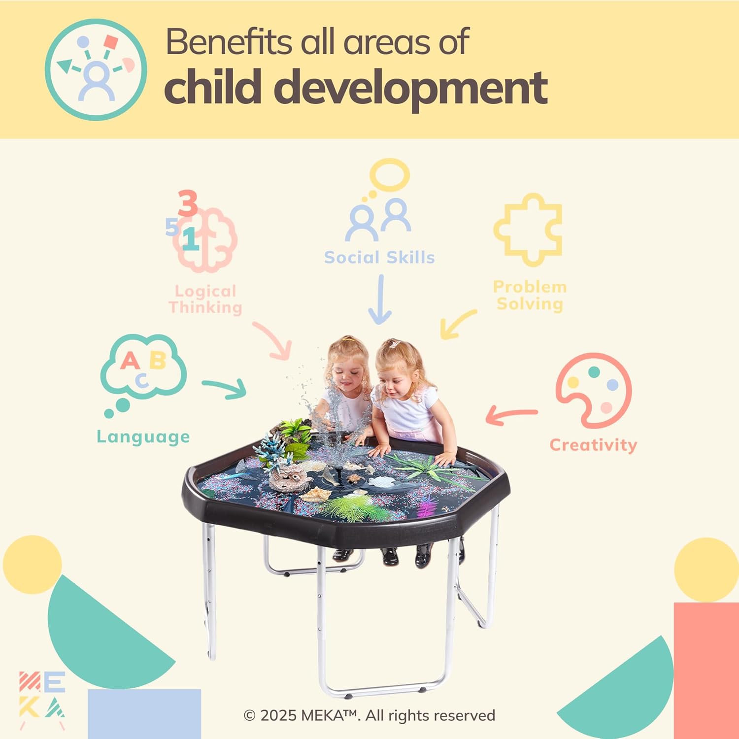 MEKA Large (38"x38") Set Tuff Tray Black with Solar Fountain Bundle, Activity Sensory Tray Plus Stand Children, Outdoor Play Sand and Water Tray for Toddlers and Kids, Toy Boys Girls