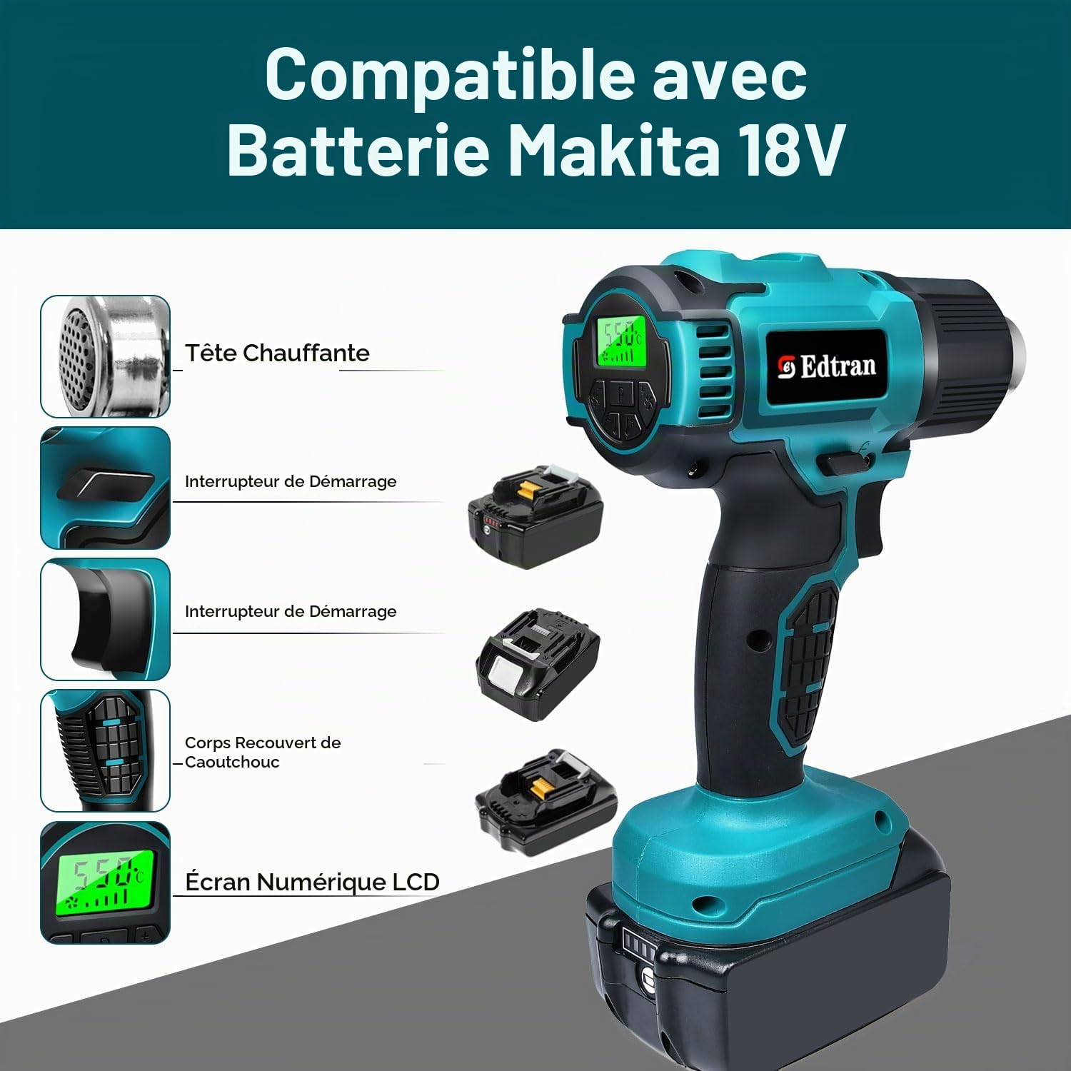 Decapeur Thermique Sans Fil pour Batterie Makita 18V,350W 122 ℉-1022 ℉ Pistolet à air chaud à Chauffage Rapide Avec Affichage Numérique LCD pour Gaine Pistolet Thermique film PVC,Travaux Manuels