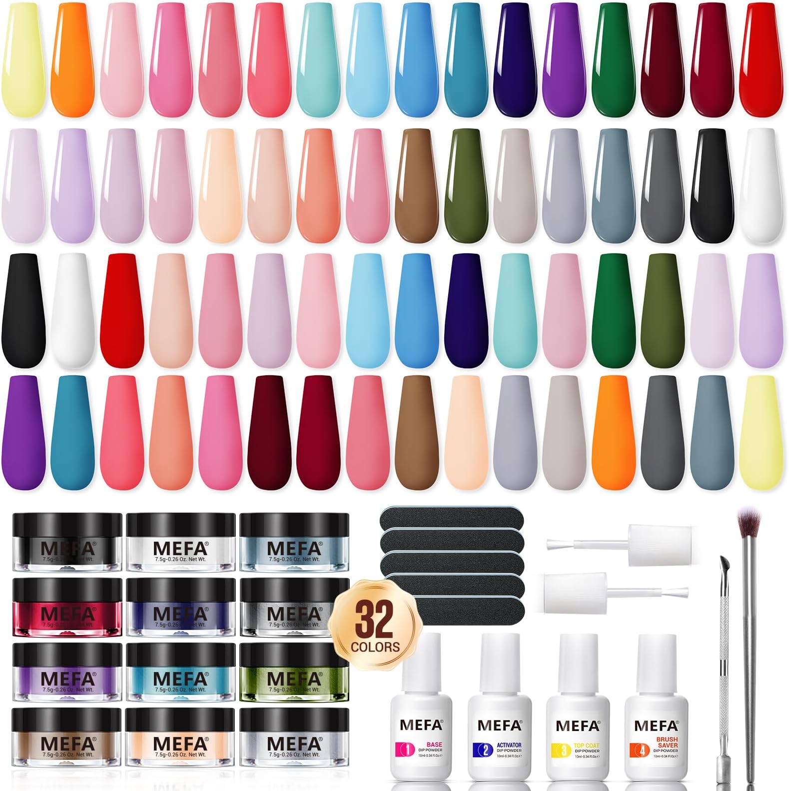 MEFA Dip Powder Nail Kit Pink Blue Purple White Black Red 32 Multi-Colors Dipping Powder with Base Top Coat Activator Brush Saver Liquid Set, Classic All Seasons Tones French Nail Art Manicure Salon