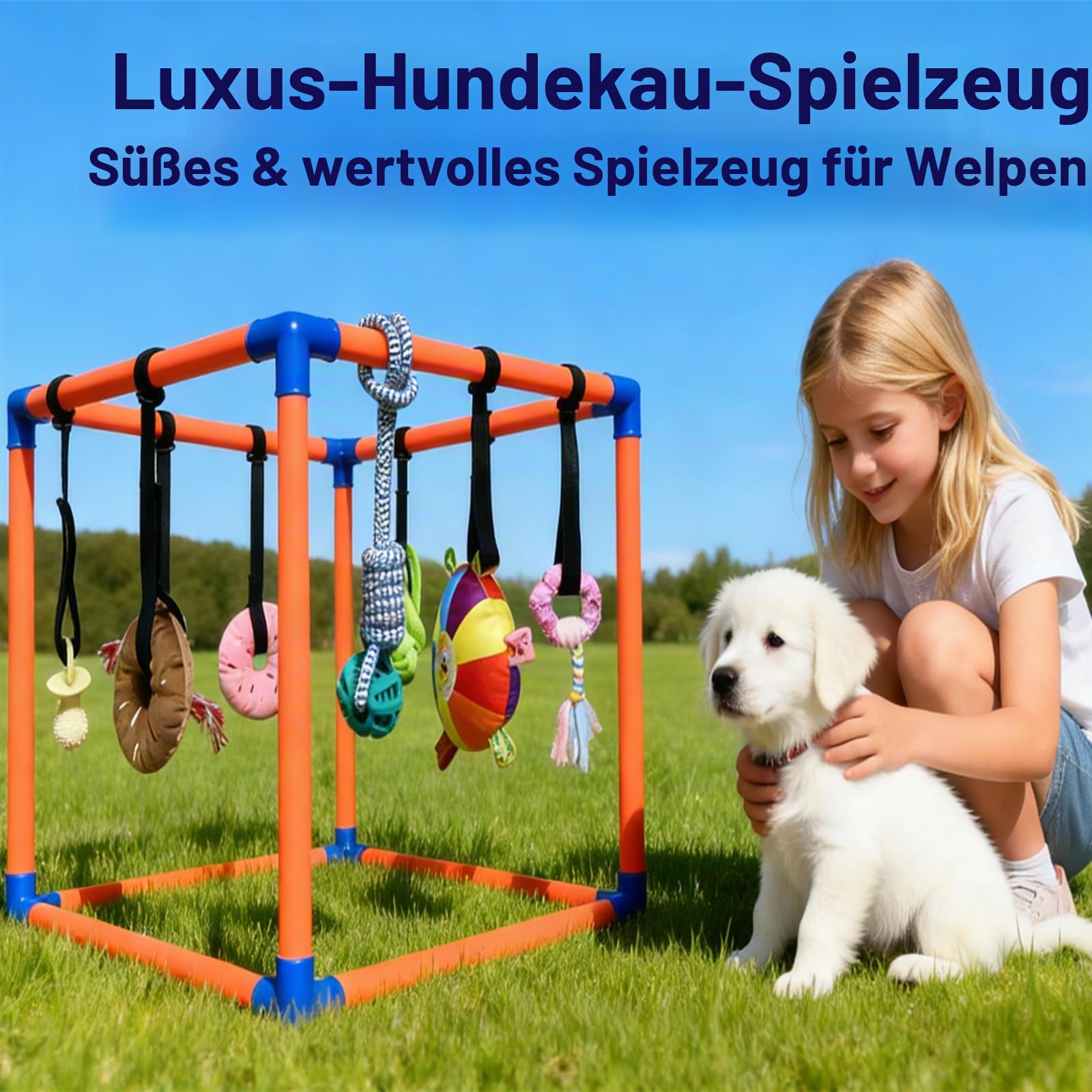 Welpenspielstudio für kleine Hunde mit 9 Hängenden Spielzeugen,Abnehmbarer Interaktiver Bereicherung Katze Puppy Play Gym Cat Indoor Dschungel Spielplatz,PVC-Rahmen mit Bungee-Gurten und Kauspielzeug
