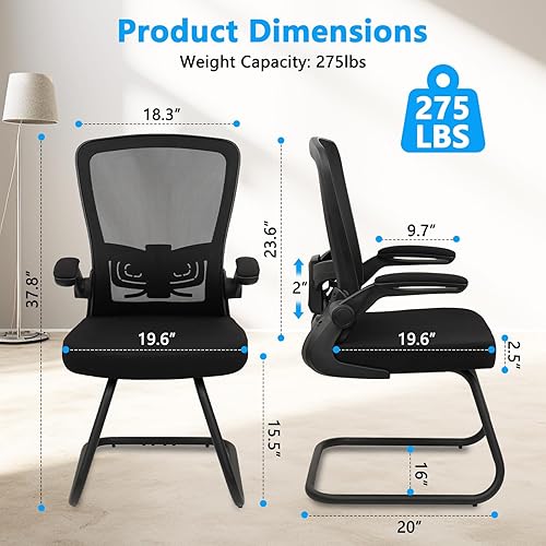 Miniatura 3 de CLATINA Silla de oficina para invitados sin ruedas, silla de escritorio ergonómica de malla, soporte lumbar ajustable y brazos abatibles, base de