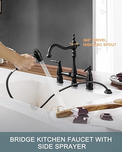 Miniatura 5 de ALEASHA Grifo de cocina con rociador lateral, 4 agujeros de latón para cocina, juego central de 2 manijas, grifo vintage de 8 pulgadas para