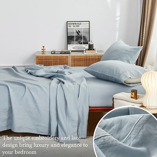 Miniatura 2 de Simple&Opulence Juego de sábanas de 100 % lino francés, transpirable y duradero, 4 piezas, 1 sábana encimera, 1 sábana bajera, 2 fundas de almohada,