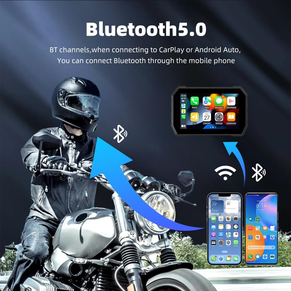 Bezprzewodowy odbiornik samochodowy CarPlay i Android do motocykla, ekran dotykowy IPS 800 nitów, IP67, wodoodporny ekran dotykowy, BT 5.0, obsługuje mapy / muzykę za pośrednictwem smartfona